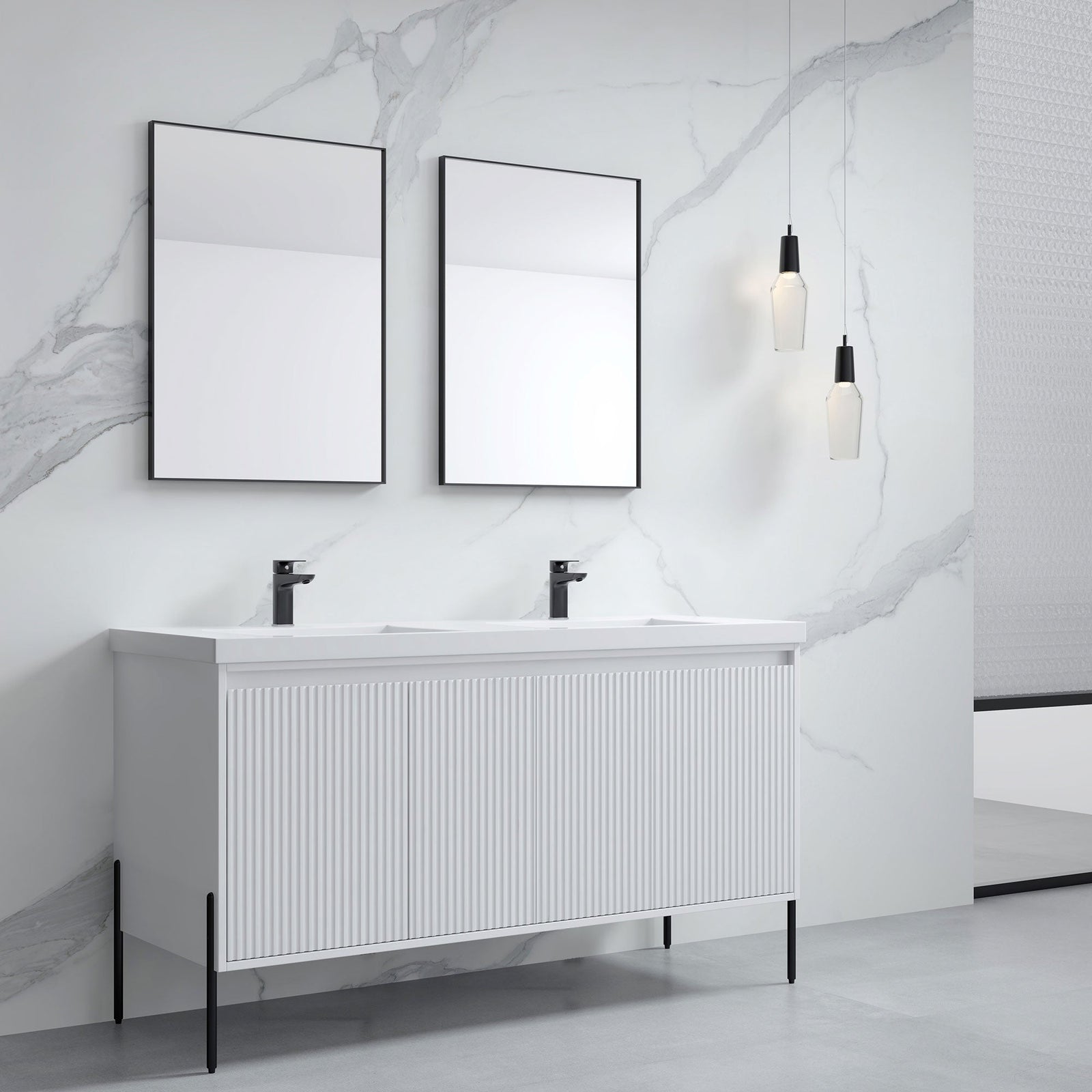 Dowell 60¡°(Fluted Bathroom Vanity Set ¡°(Assembled Cabinet Base with 4 Soft-Close Doors, Shelves & Resin Basin - 002 60 Series