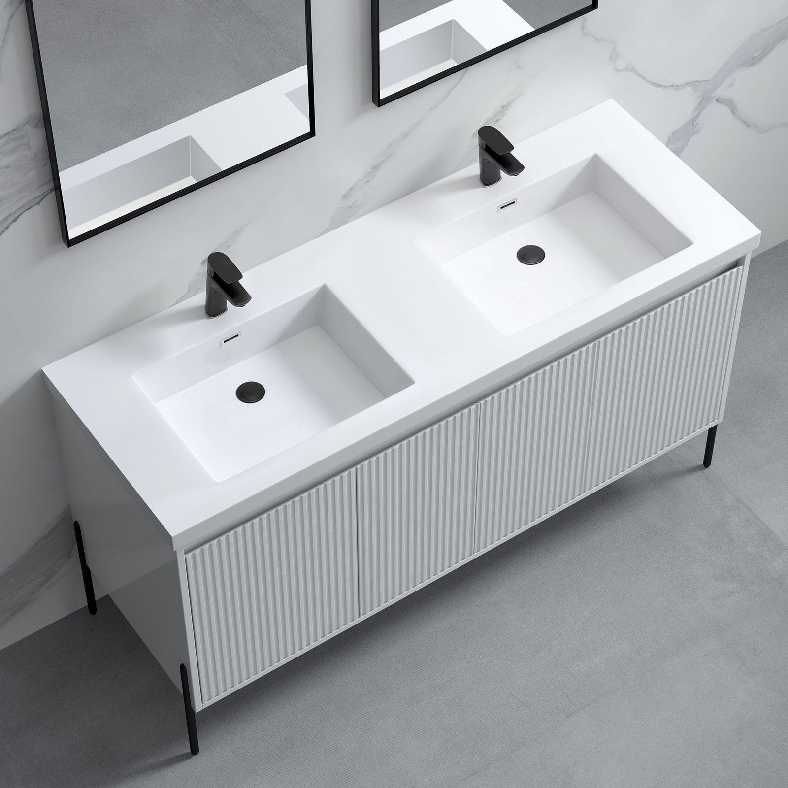 Dowell 60¡°(Fluted Bathroom Vanity Set ¡°(Assembled Cabinet Base with 4 Soft-Close Doors, Shelves & Resin Basin - 002 60 Series