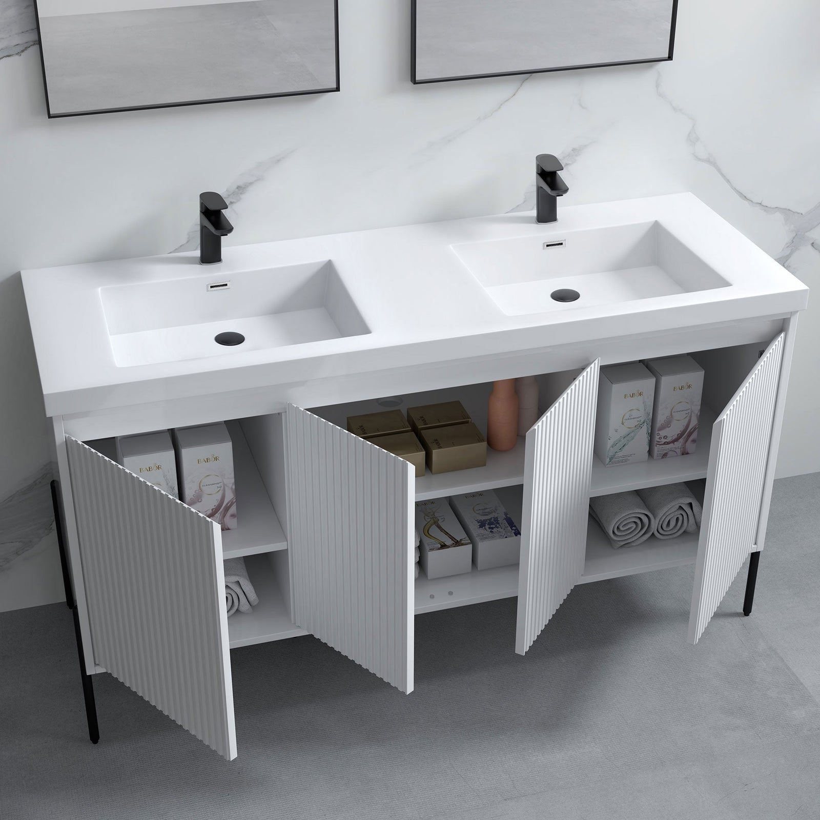 Dowell 60¡°(Fluted Bathroom Vanity Set ¡°(Assembled Cabinet Base with 4 Soft-Close Doors, Shelves & Resin Basin - 002 60 Series
