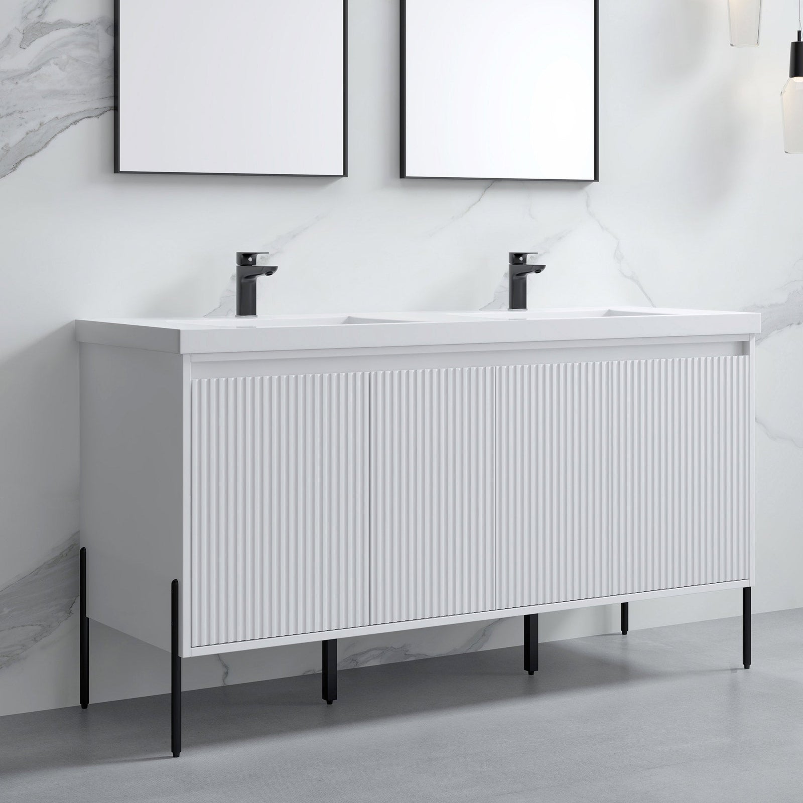 Dowell 60¡°(Fluted Bathroom Vanity Set ¡°(Assembled Cabinet Base with 4 Soft-Close Doors, Shelves & Resin Basin - 002 60 Series