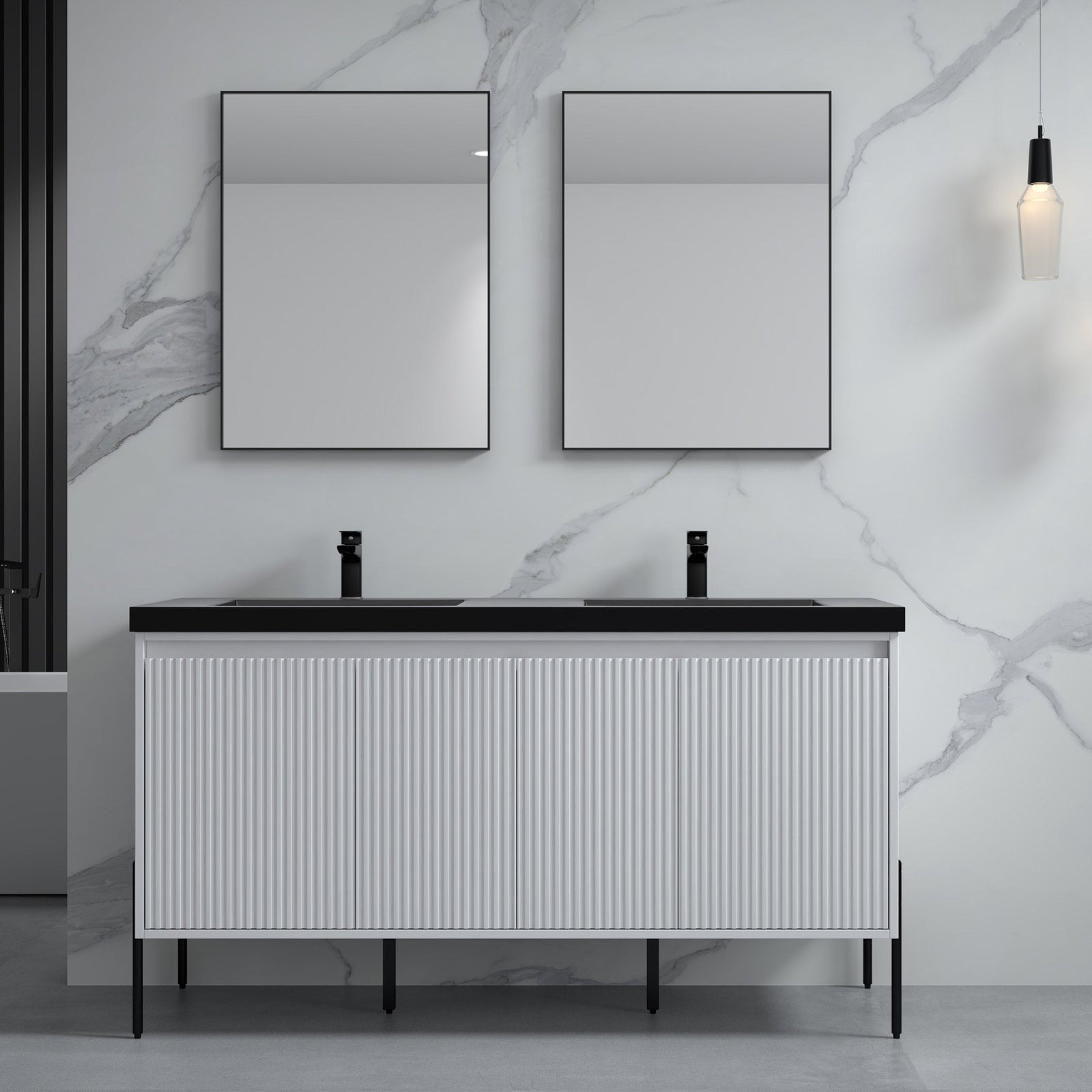 Dowell 60¡°(Fluted Bathroom Vanity Set ¡°(Assembled Cabinet Base with 4 Soft-Close Doors, Shelves & Resin Basin - 002 60 Series