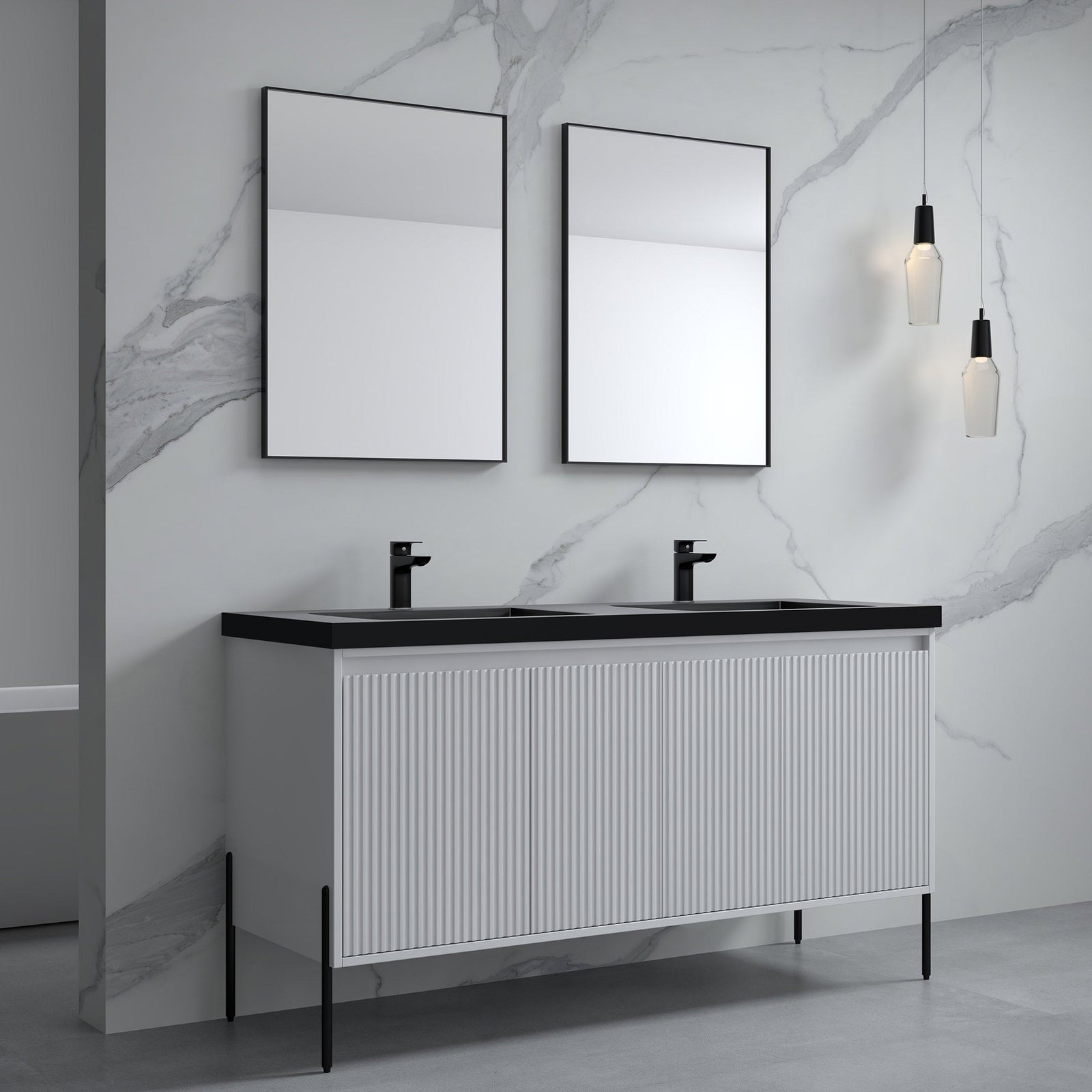 Dowell 60¡°(Fluted Bathroom Vanity Set ¡°(Assembled Cabinet Base with 4 Soft-Close Doors, Shelves & Resin Basin - 002 60 Series