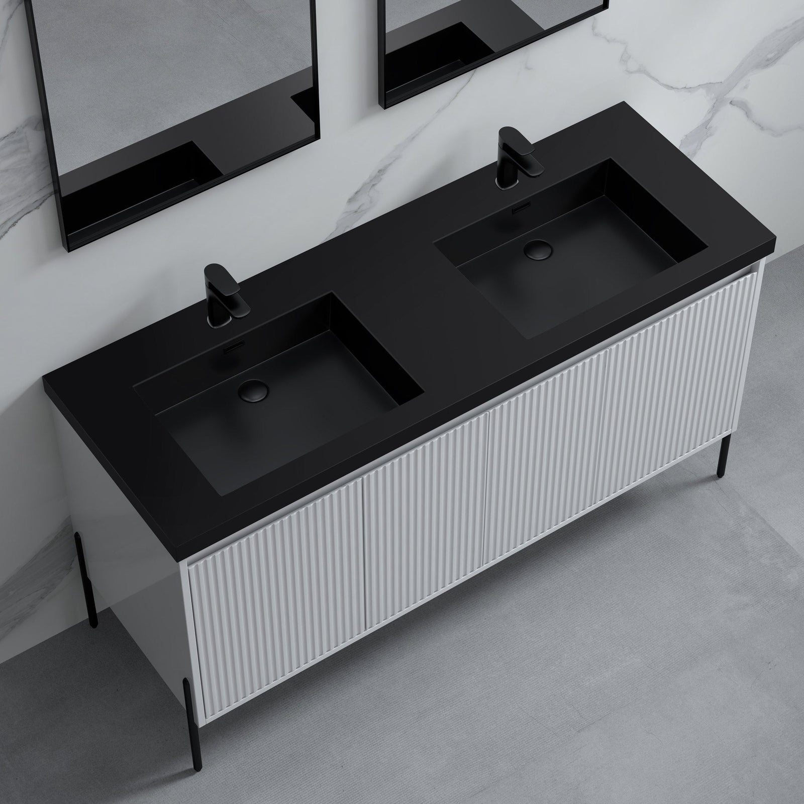 Dowell 60¡°(Fluted Bathroom Vanity Set ¡°(Assembled Cabinet Base with 4 Soft-Close Doors, Shelves & Resin Basin - 002 60 Series