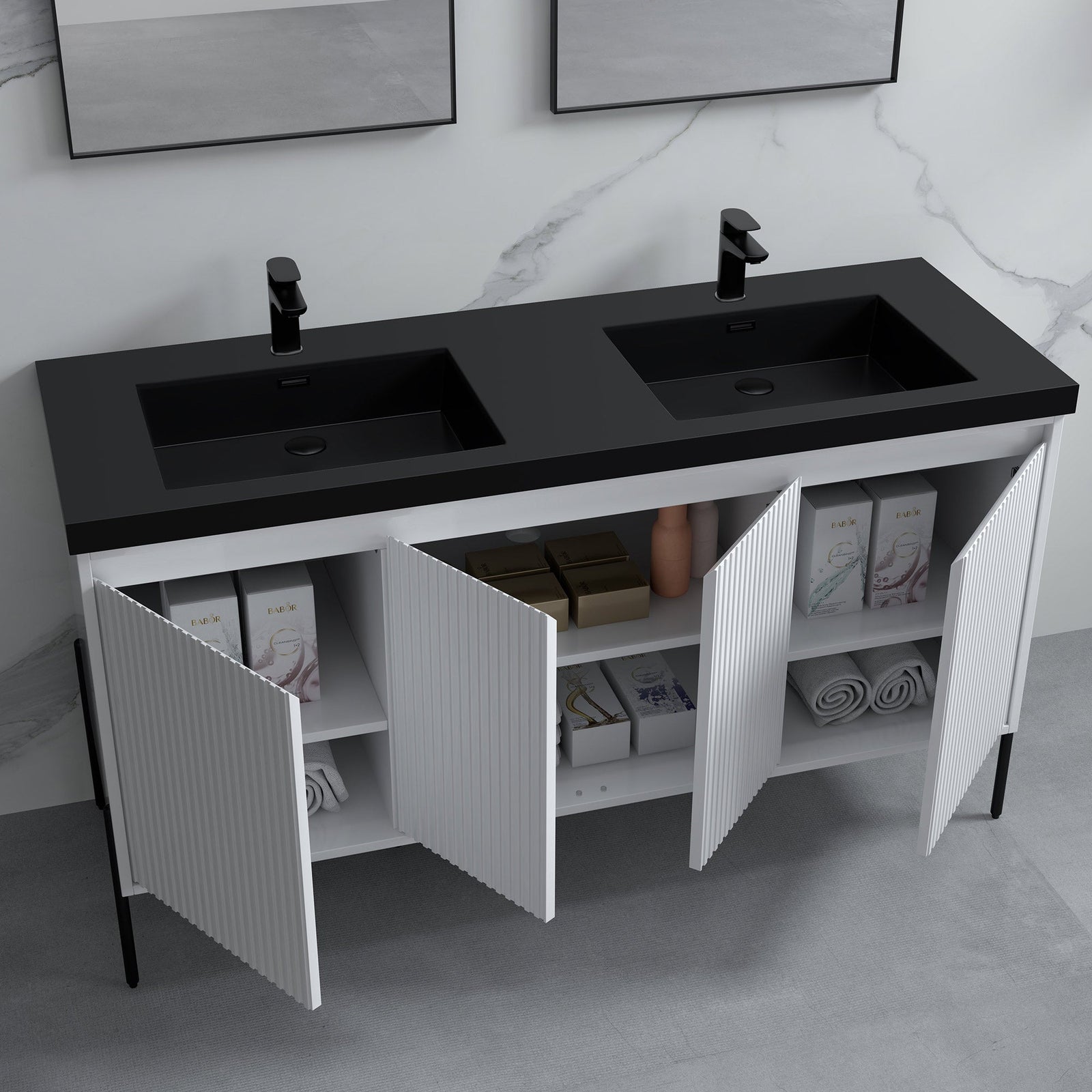 Dowell 60¡°(Fluted Bathroom Vanity Set ¡°(Assembled Cabinet Base with 4 Soft-Close Doors, Shelves & Resin Basin - 002 60 Series