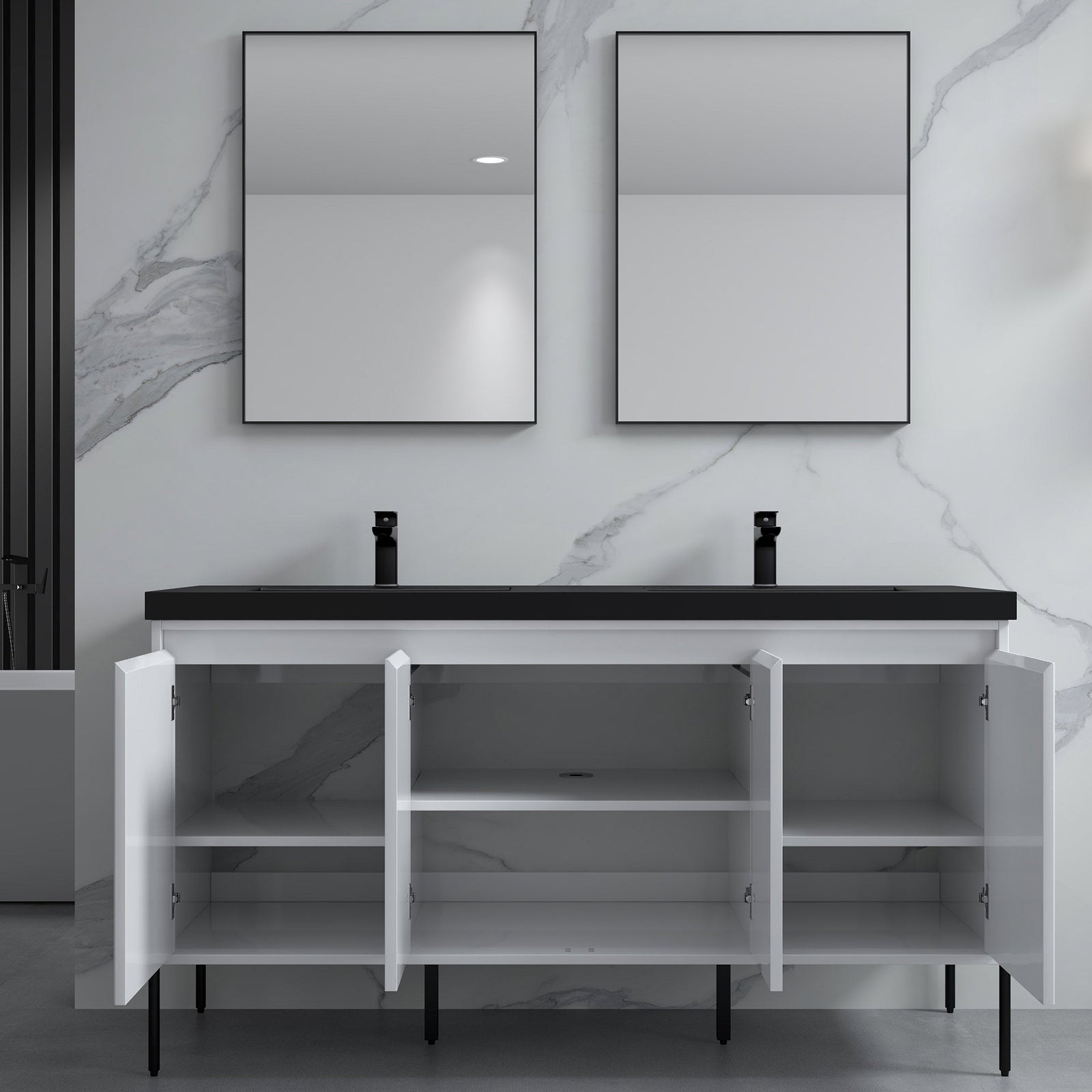 Dowell 60¡°(Fluted Bathroom Vanity Set ¡°(Assembled Cabinet Base with 4 Soft-Close Doors, Shelves & Resin Basin - 002 60 Series