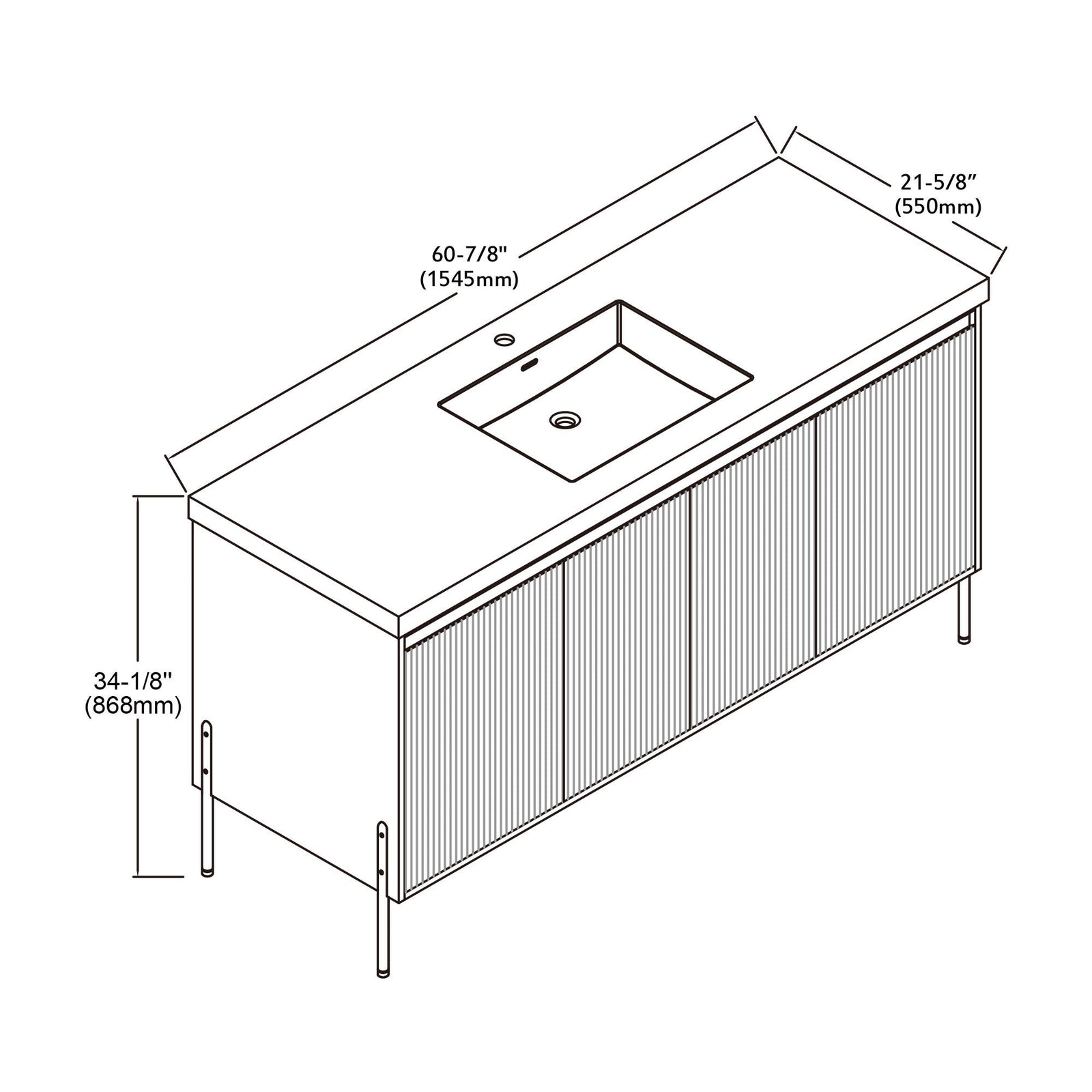 Dowell 60¡°(Fluted Bathroom Vanity Set ¡°(Assembled Cabinet Base with 4 Soft-Close Doors, Shelves & Resin Basin - 002 60 Series