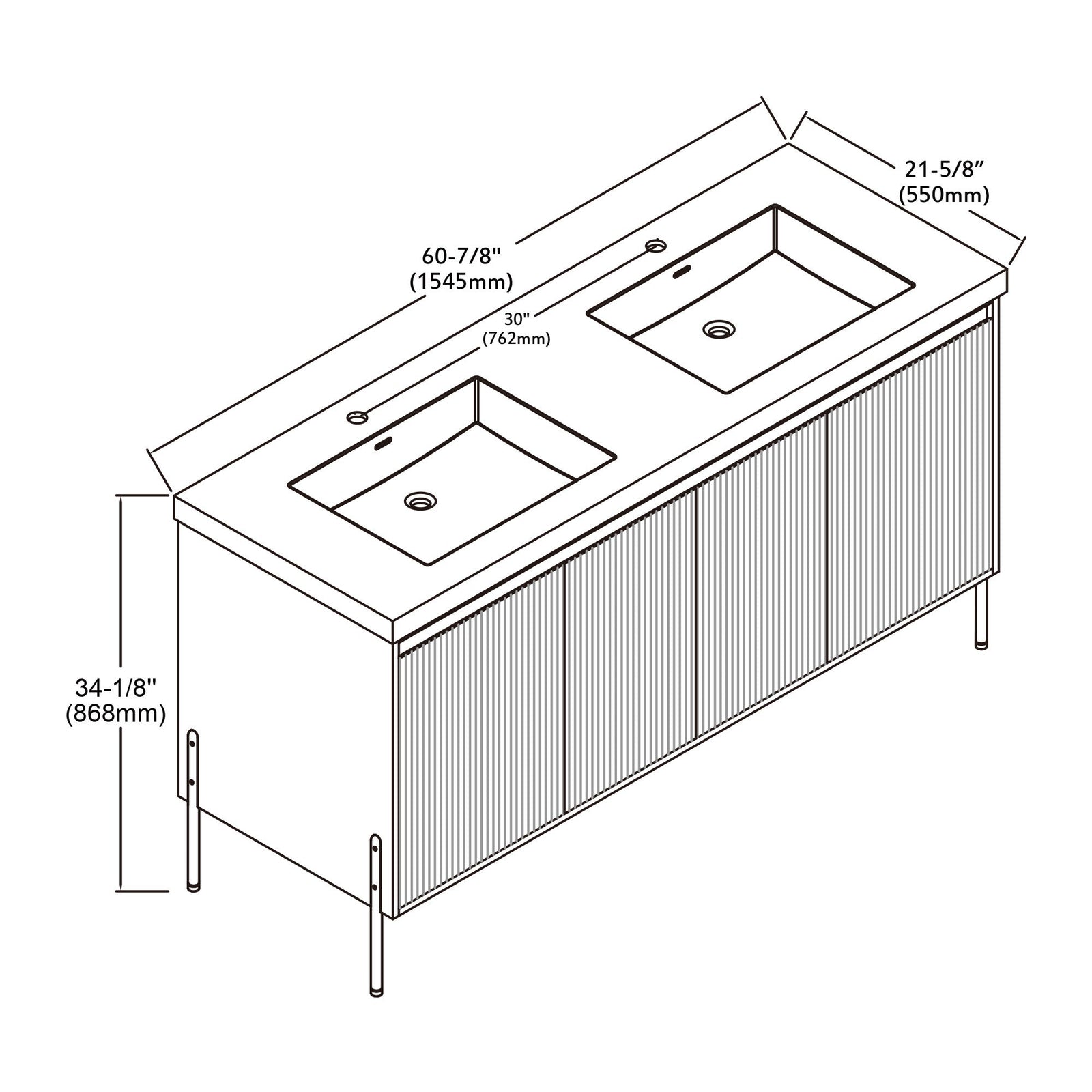 Dowell 60¡°(Fluted Bathroom Vanity Set ¡°(Assembled Cabinet Base with 4 Soft-Close Doors, Shelves & Resin Basin - 002 60 Series
