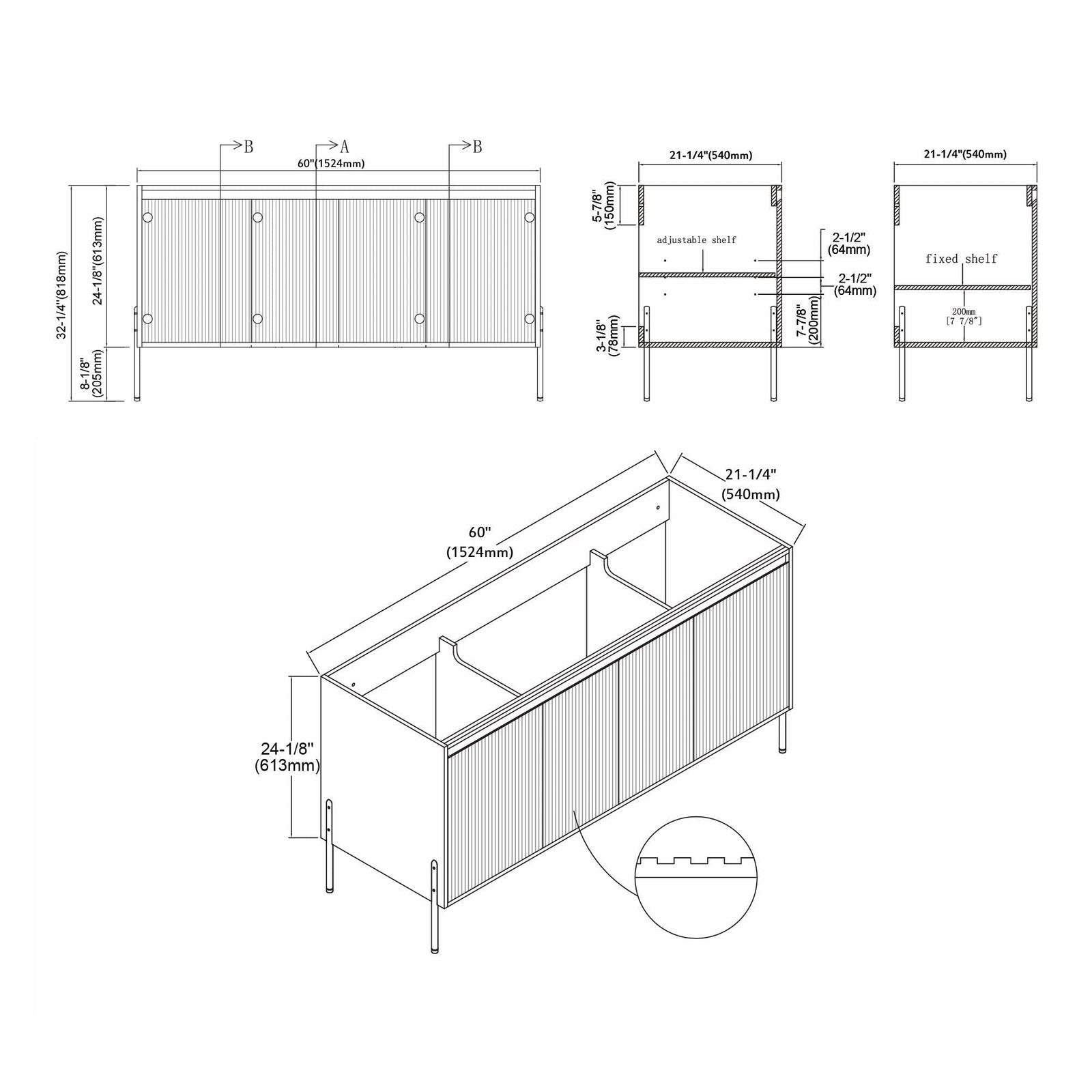 Dowell 60¡°(Fluted Bathroom Vanity Set ¡°(Assembled Cabinet Base with 4 Soft-Close Doors, Shelves & Resin Basin - 002 60 Series