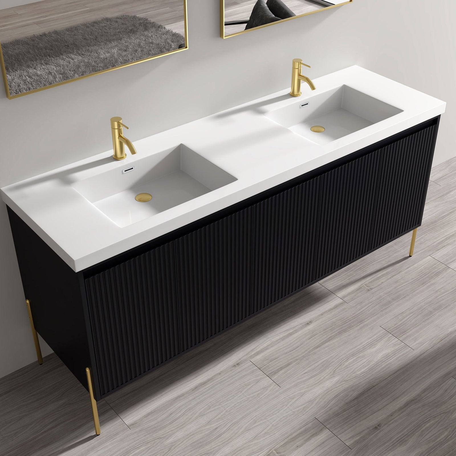 Dowell 72¡°(Fluted Bathroom Vanity Set ¡°(Assembled Cabinet Base with 5 Soft-Close Doors, Shelves &  Resin Double Basin - 002 72 Sereis