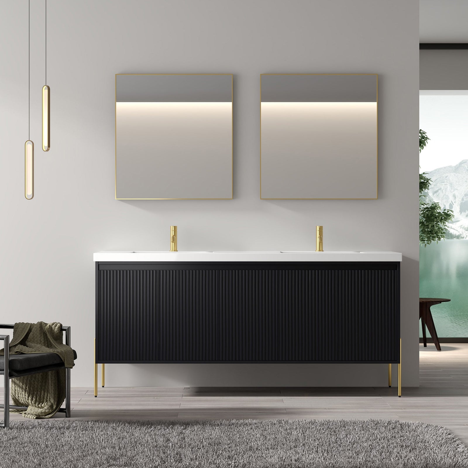 Dowell 72¡°(Fluted Bathroom Vanity Set ¡°(Assembled Cabinet Base with 5 Soft-Close Doors, Shelves &  Resin Double Basin - 002 72 Sereis