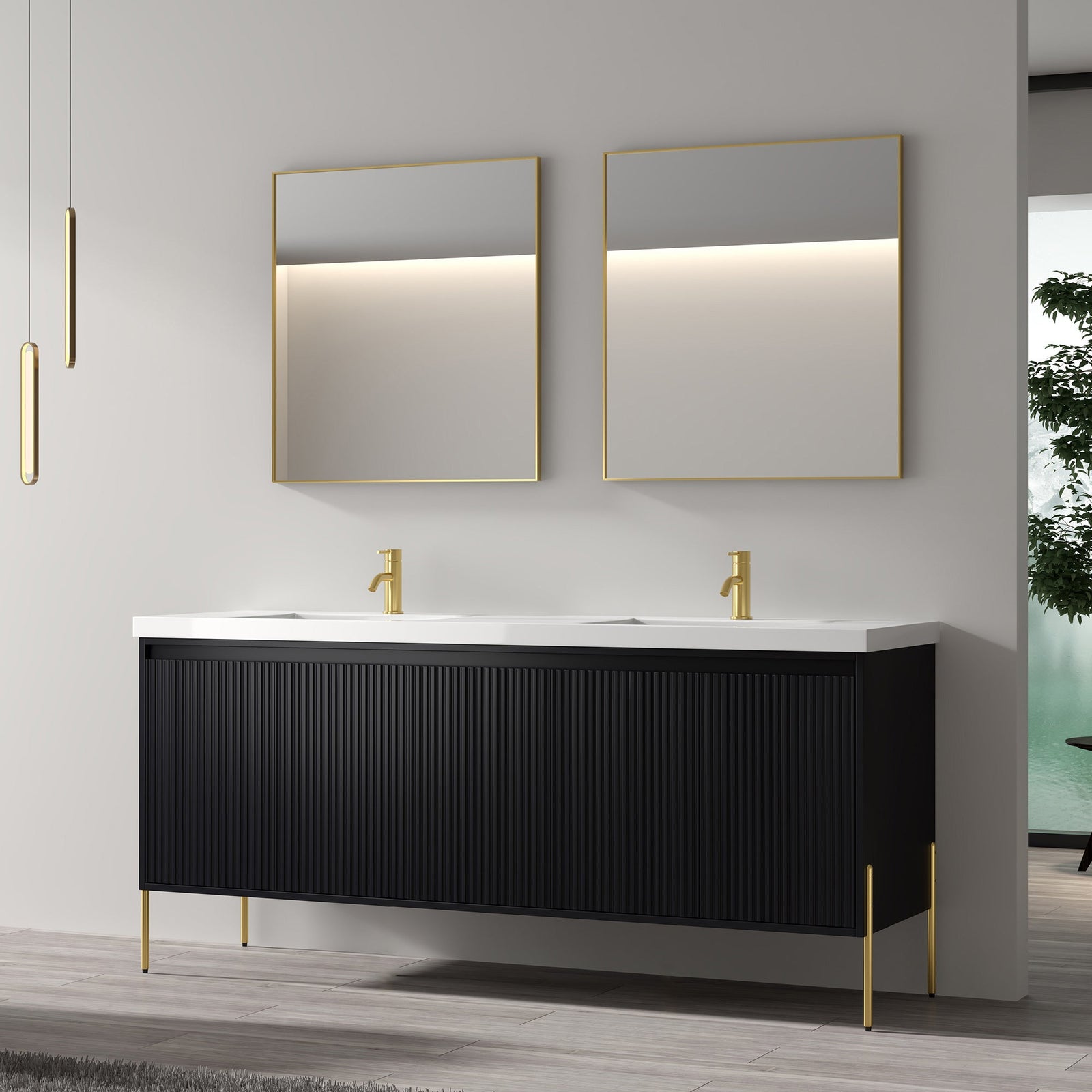 Dowell 72¡°(Fluted Bathroom Vanity Set ¡°(Assembled Cabinet Base with 5 Soft-Close Doors, Shelves &  Resin Double Basin - 002 72 Sereis