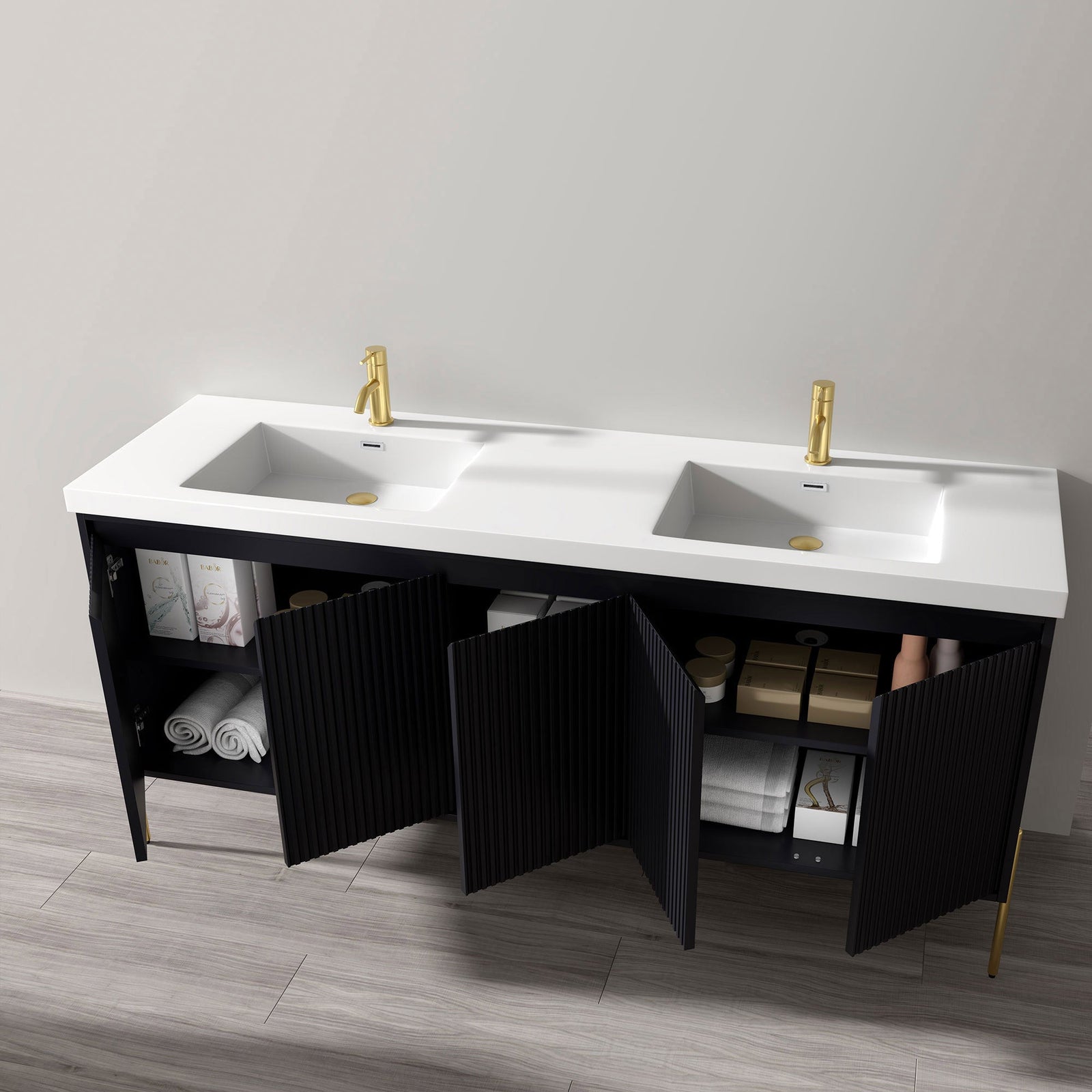Dowell 72¡°(Fluted Bathroom Vanity Set ¡°(Assembled Cabinet Base with 5 Soft-Close Doors, Shelves &  Resin Double Basin - 002 72 Sereis