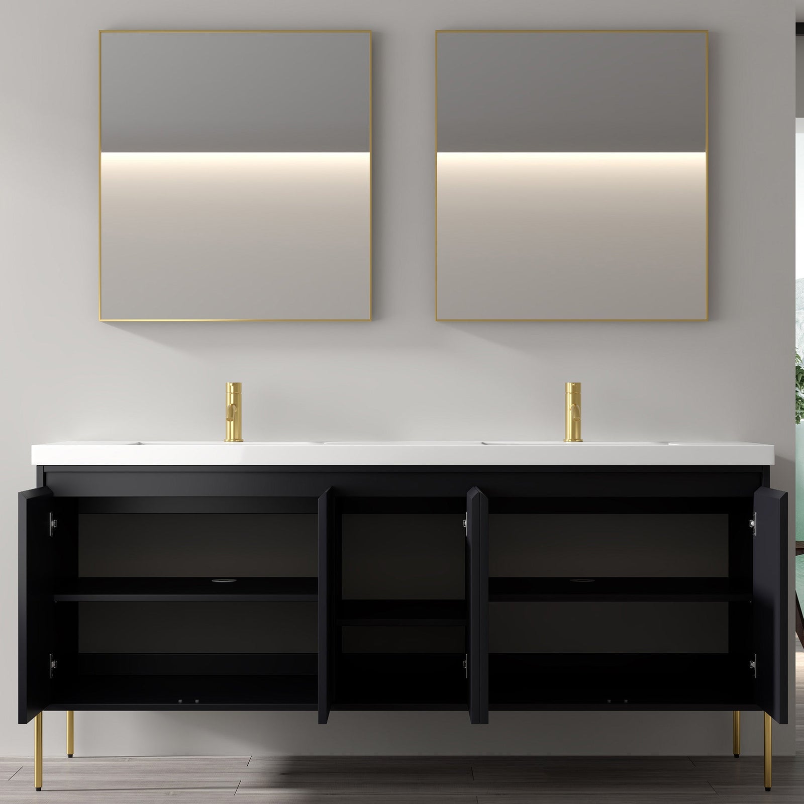 Dowell 72¡°(Fluted Bathroom Vanity Set ¡°(Assembled Cabinet Base with 5 Soft-Close Doors, Shelves &  Resin Double Basin - 002 72 Sereis