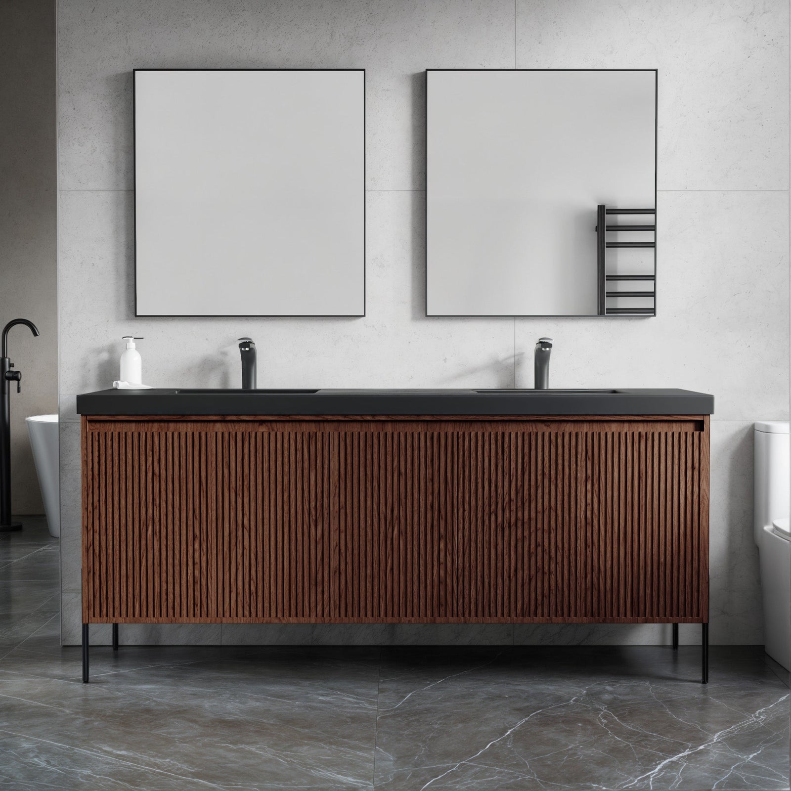Dowell 72¡°(Fluted Bathroom Vanity Set ¡°(Assembled Cabinet Base with 5 Soft-Close Doors, Shelves &  Resin Double Basin - 002 72 Sereis