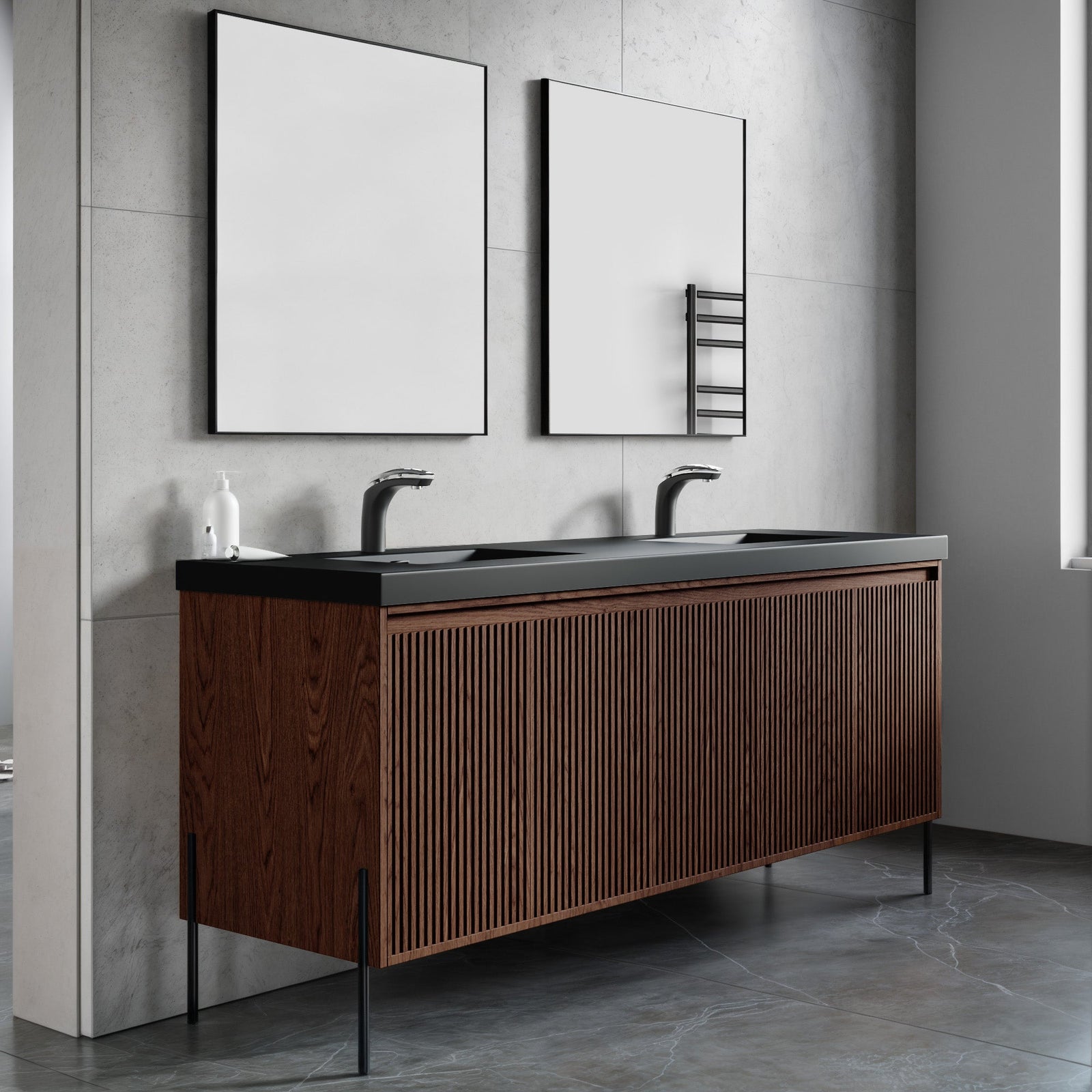 Dowell 72¡°(Fluted Bathroom Vanity Set ¡°(Assembled Cabinet Base with 5 Soft-Close Doors, Shelves &  Resin Double Basin - 002 72 Sereis