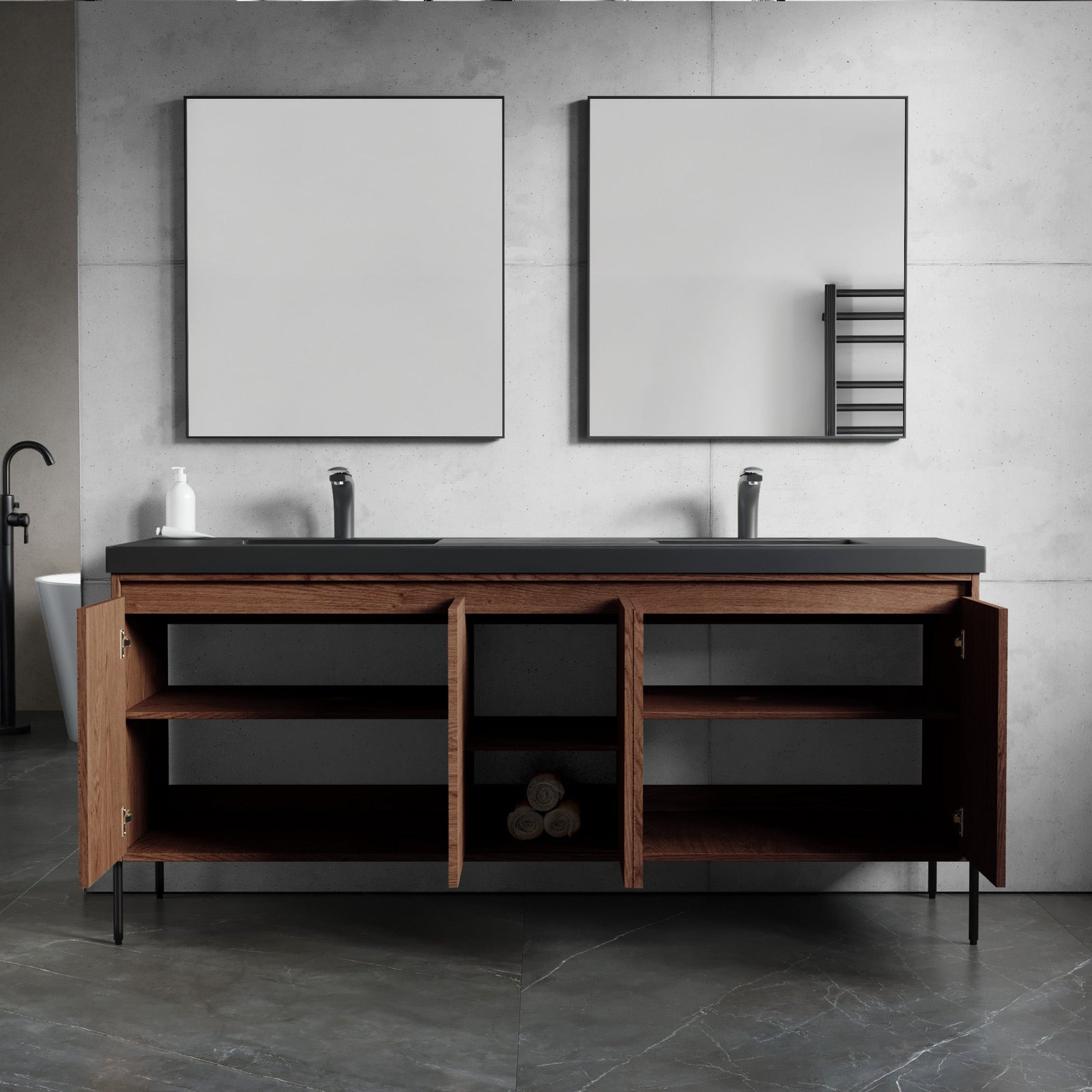 Dowell 72¡°(Fluted Bathroom Vanity Set ¡°(Assembled Cabinet Base with 5 Soft-Close Doors, Shelves &  Resin Double Basin - 002 72 Sereis