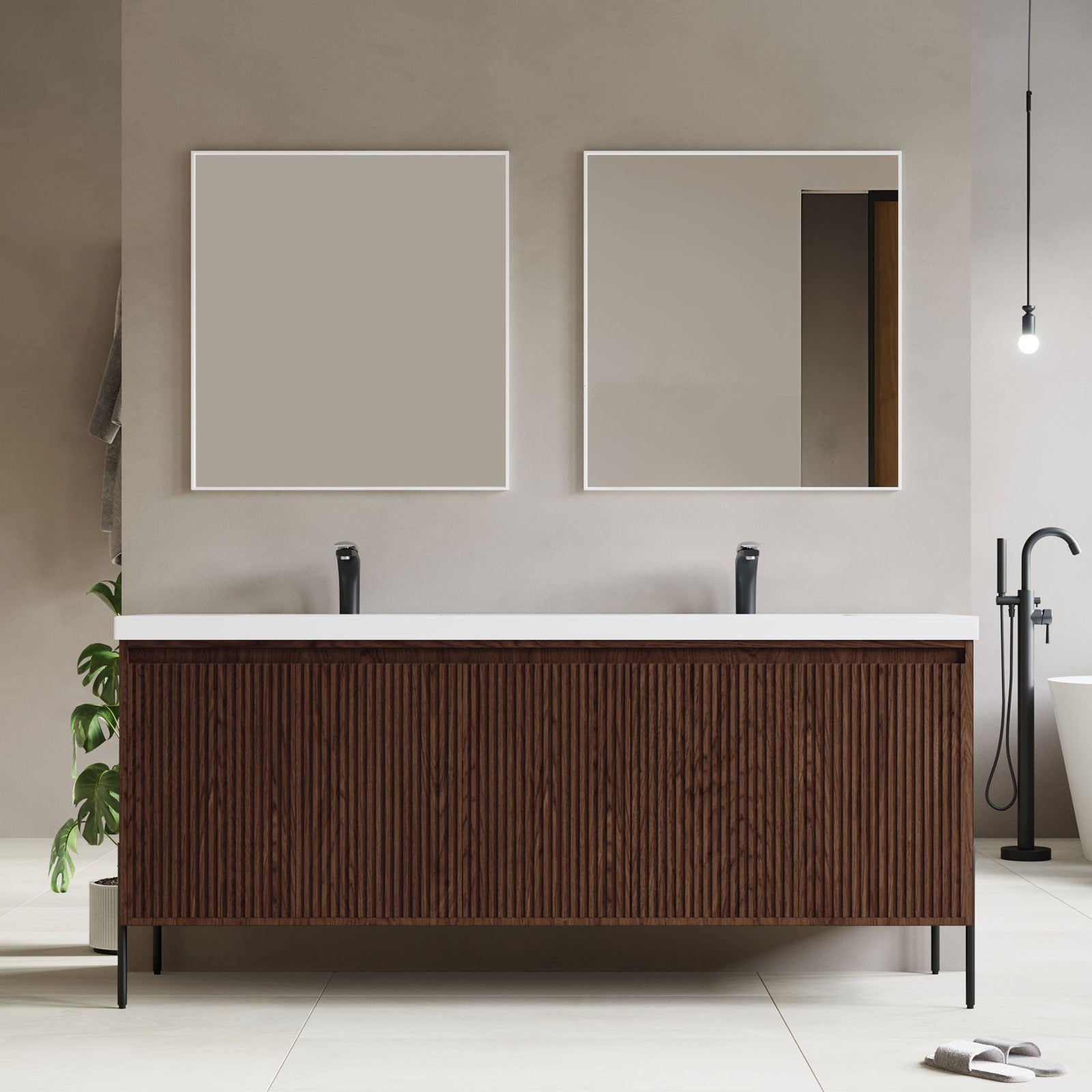 Dowell 72¡°(Fluted Bathroom Vanity Set ¡°(Assembled Cabinet Base with 5 Soft-Close Doors, Shelves &  Resin Double Basin - 002 72 Sereis