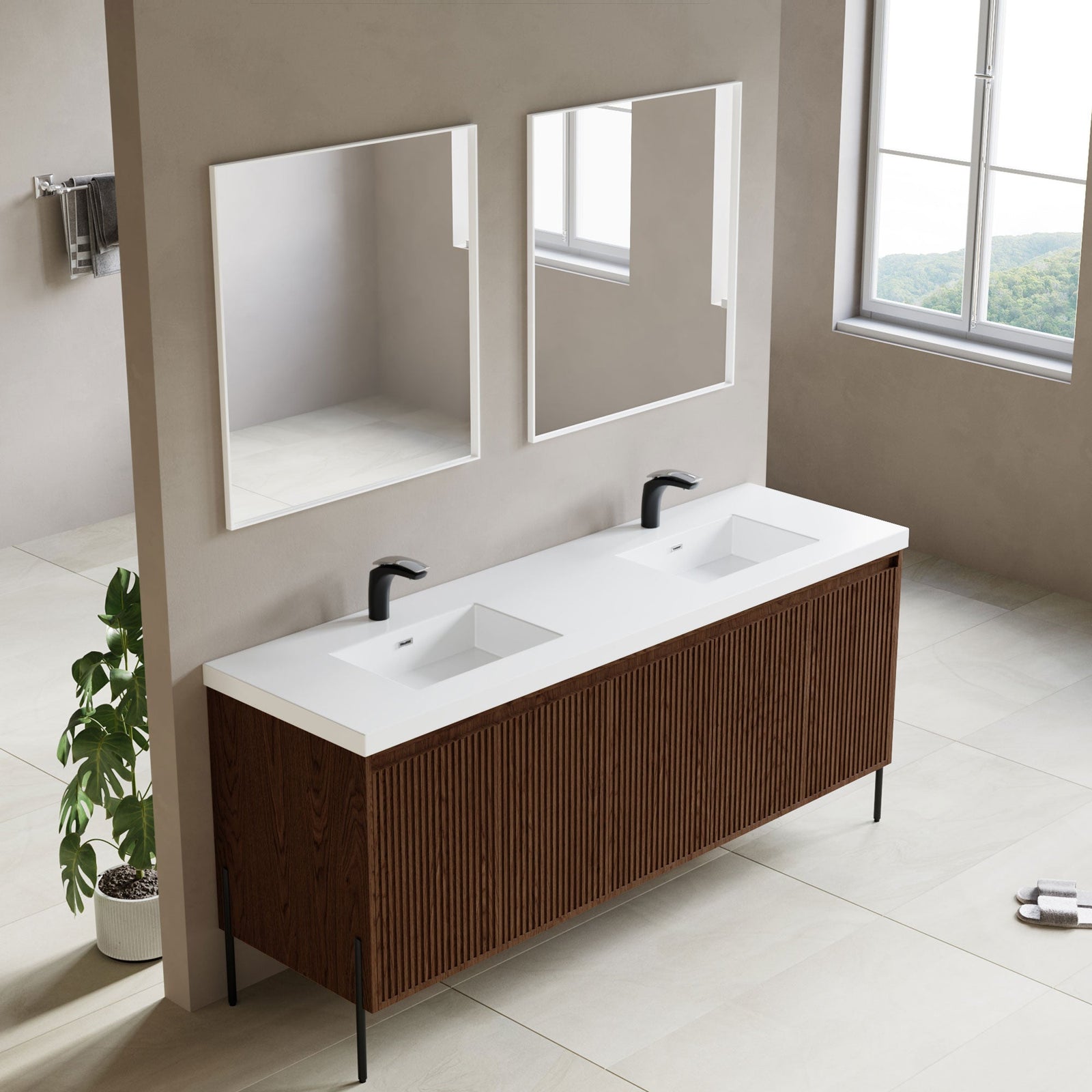 Dowell 72¡°(Fluted Bathroom Vanity Set ¡°(Assembled Cabinet Base with 5 Soft-Close Doors, Shelves &  Resin Double Basin - 002 72 Sereis