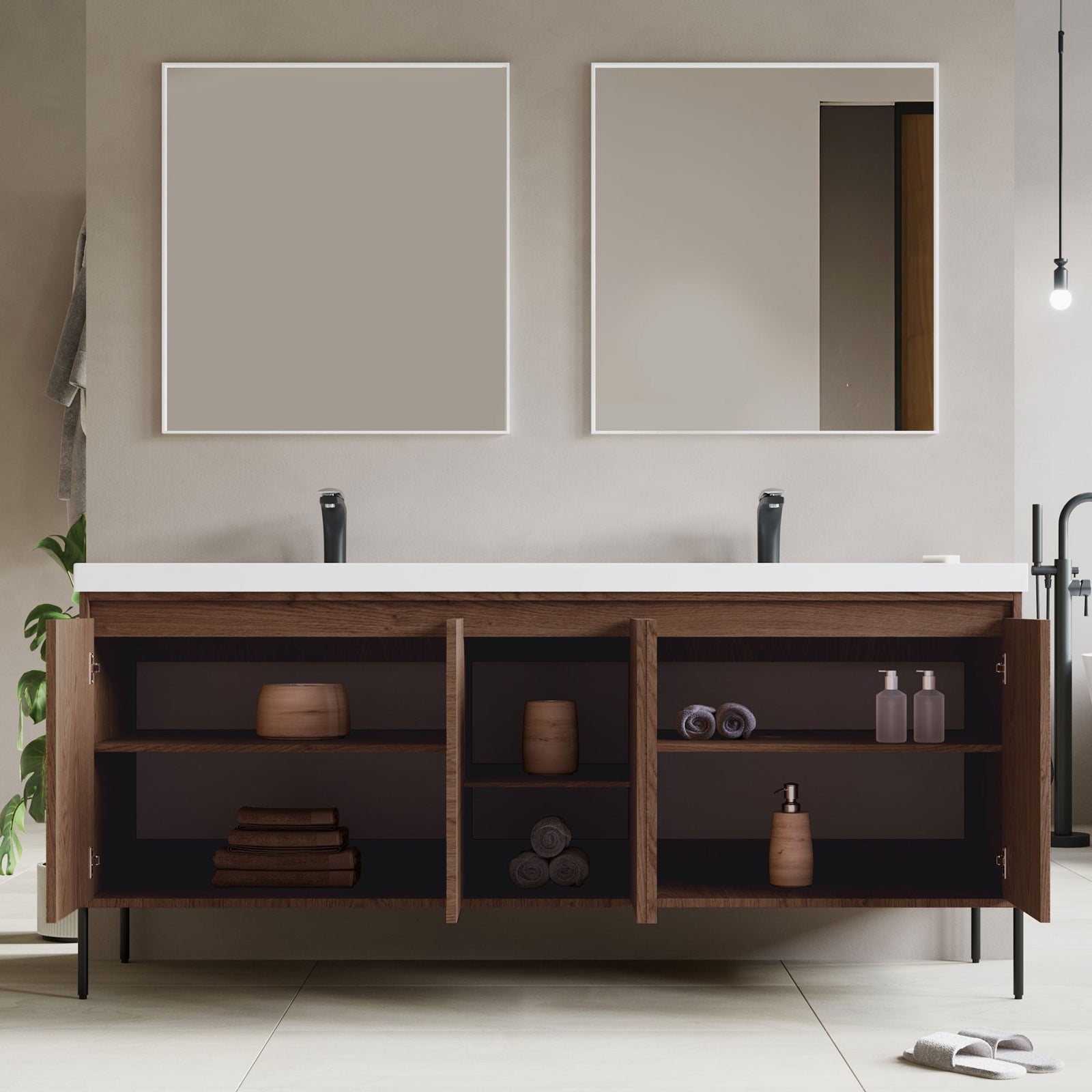 Dowell 72¡°(Fluted Bathroom Vanity Set ¡°(Assembled Cabinet Base with 5 Soft-Close Doors, Shelves &  Resin Double Basin - 002 72 Sereis