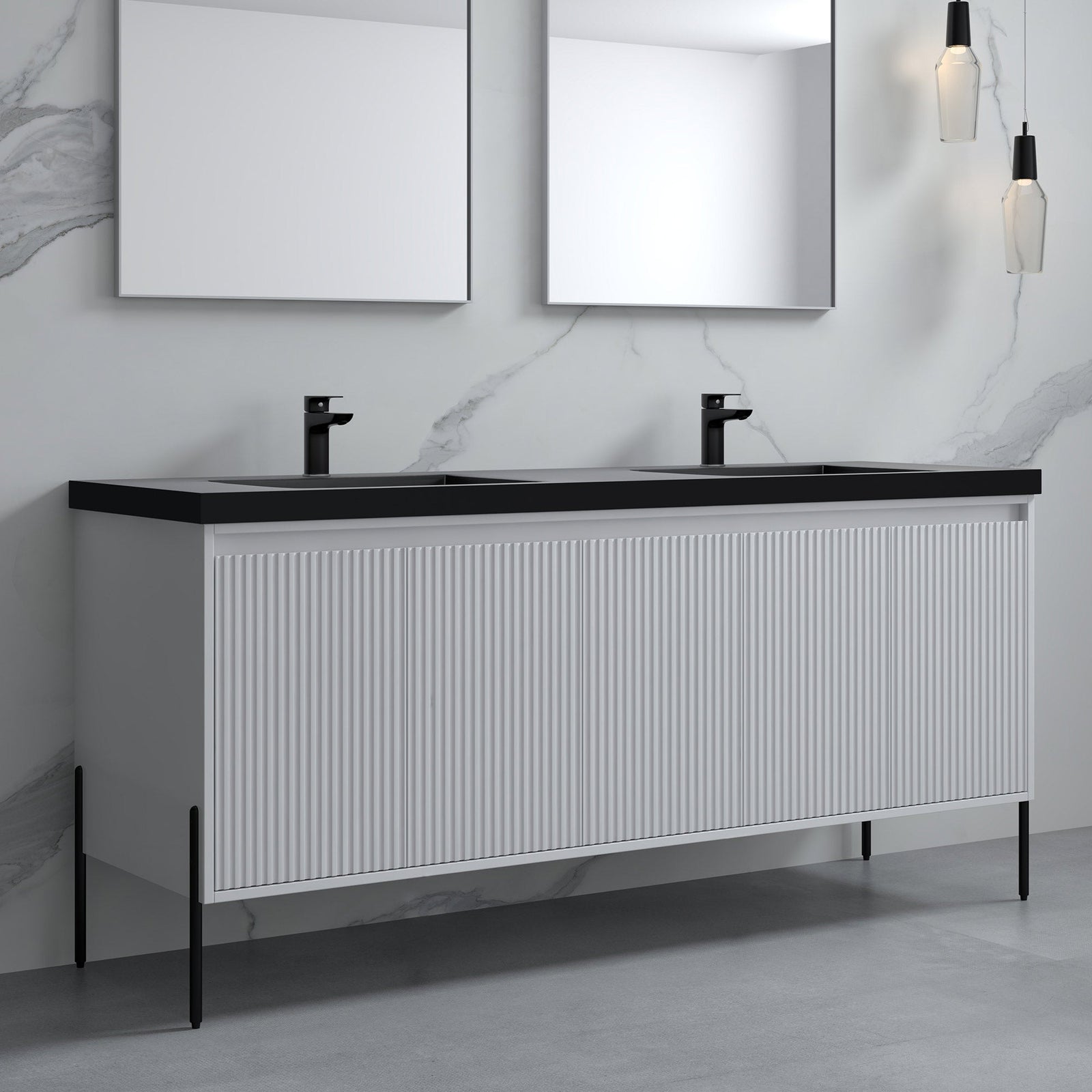 Dowell 72¡°(Fluted Bathroom Vanity Set ¡°(Assembled Cabinet Base with 5 Soft-Close Doors, Shelves &  Resin Double Basin - 002 72 Sereis
