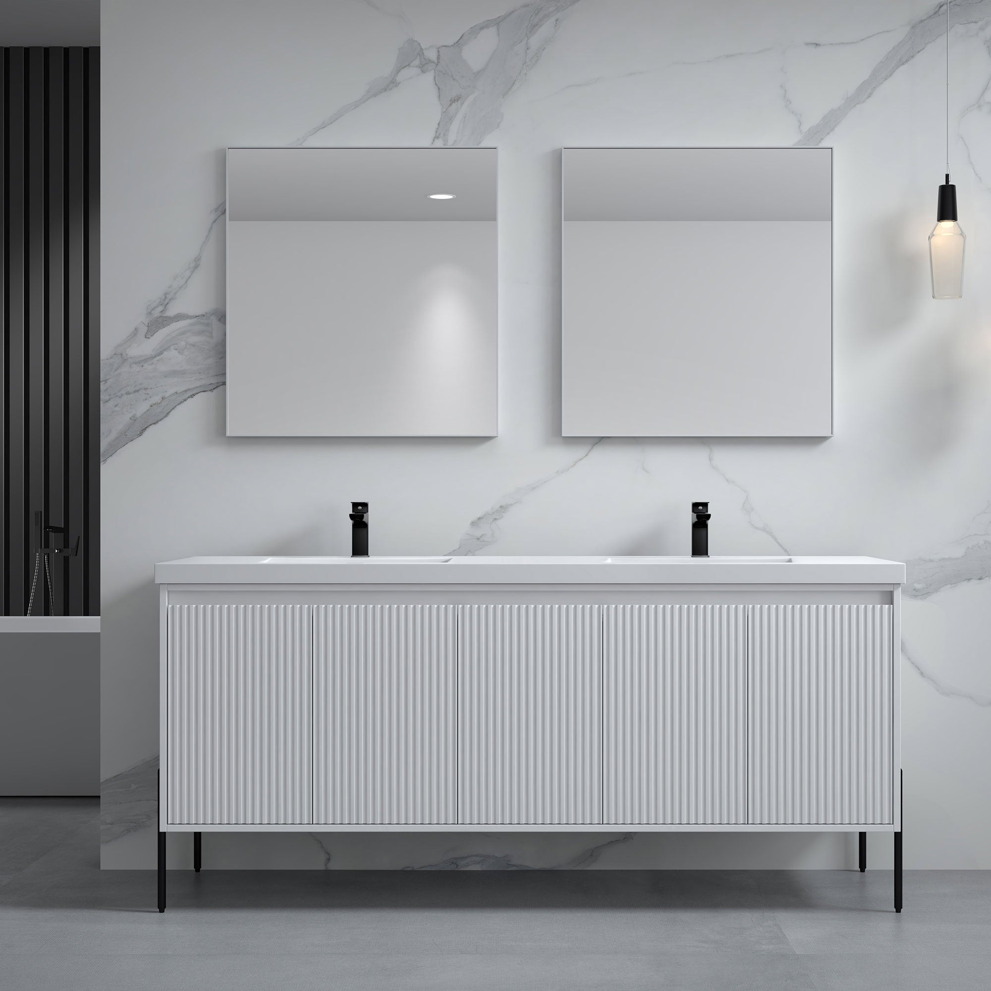 Dowell 72¡°(Fluted Bathroom Vanity Set ¡°(Assembled Cabinet Base with 5 Soft-Close Doors, Shelves &  Resin Double Basin - 002 72 Sereis