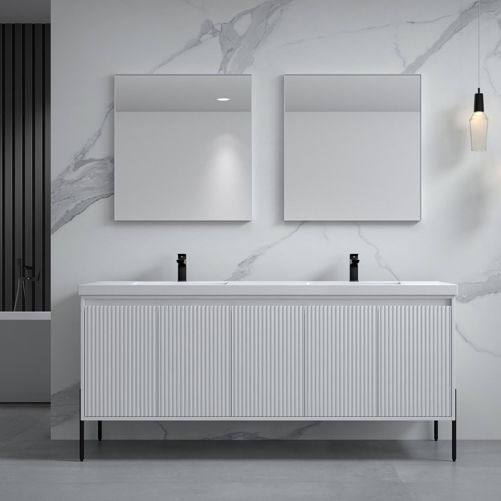Dowell 72¡°(Fluted Bathroom Vanity Set ¡°(Assembled Cabinet Base with 5 Soft-Close Doors, Shelves &  Resin Double Basin - 002 72 Sereis