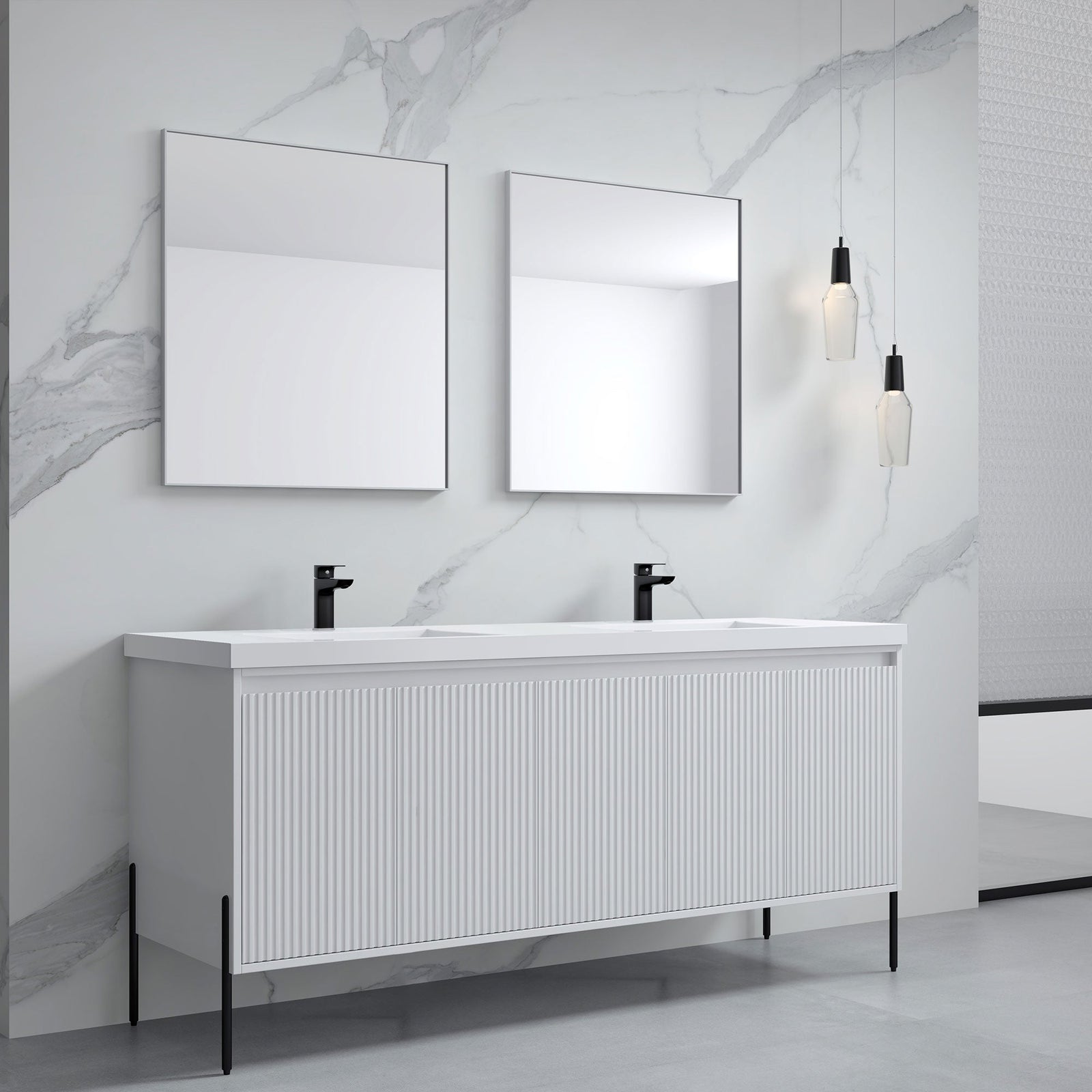 Dowell 72¡°(Fluted Bathroom Vanity Set ¡°(Assembled Cabinet Base with 5 Soft-Close Doors, Shelves &  Resin Double Basin - 002 72 Sereis
