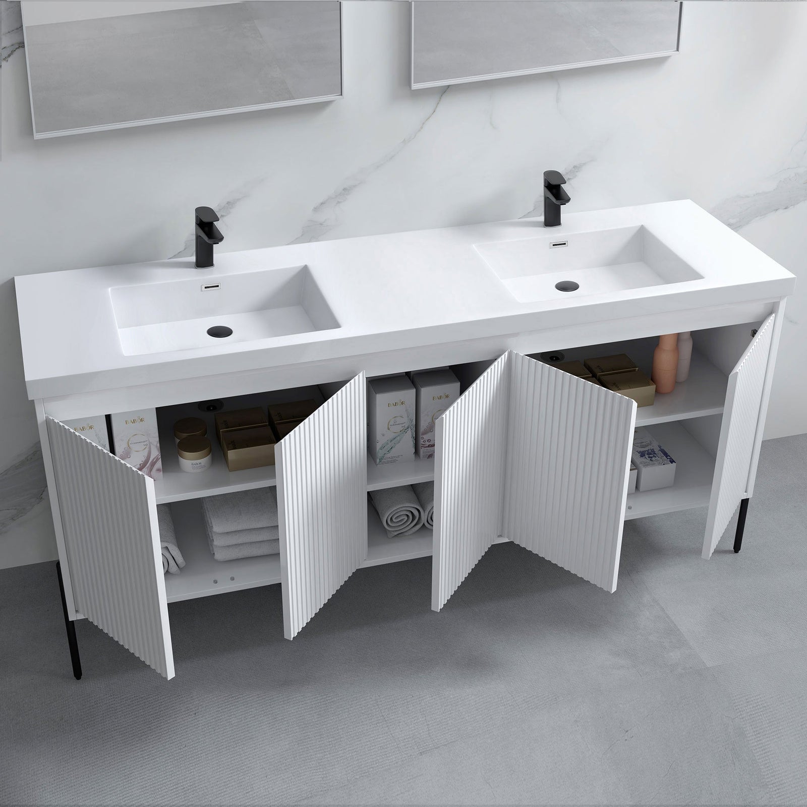 Dowell 72¡°(Fluted Bathroom Vanity Set ¡°(Assembled Cabinet Base with 5 Soft-Close Doors, Shelves &  Resin Double Basin - 002 72 Sereis