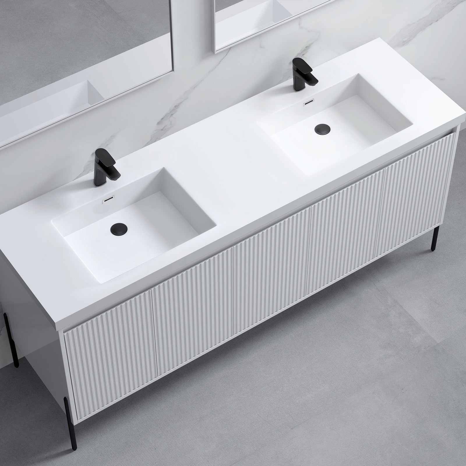 Dowell 72¡°(Fluted Bathroom Vanity Set ¡°(Assembled Cabinet Base with 5 Soft-Close Doors, Shelves &  Resin Double Basin - 002 72 Sereis