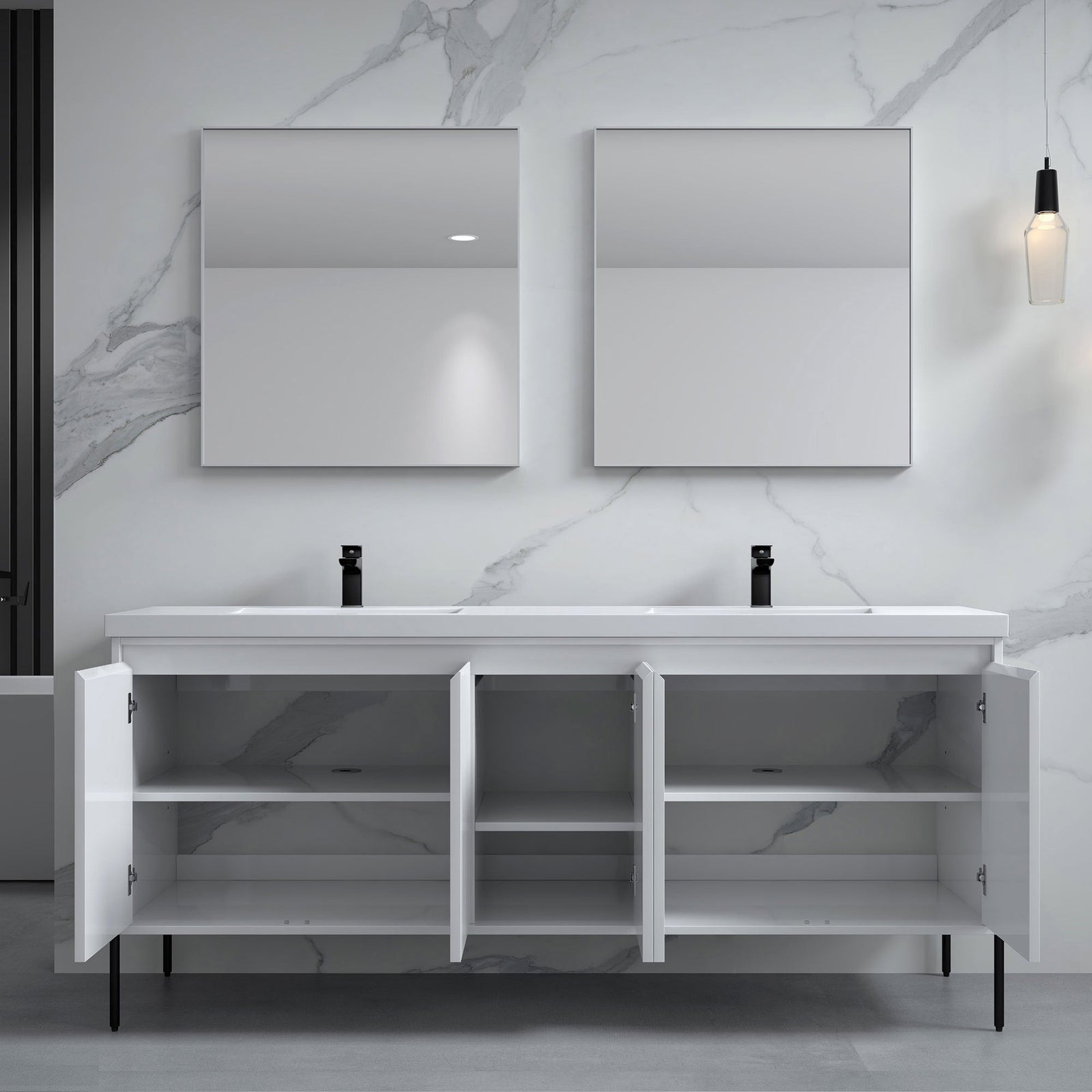 Dowell 72¡°(Fluted Bathroom Vanity Set ¡°(Assembled Cabinet Base with 5 Soft-Close Doors, Shelves &  Resin Double Basin - 002 72 Sereis