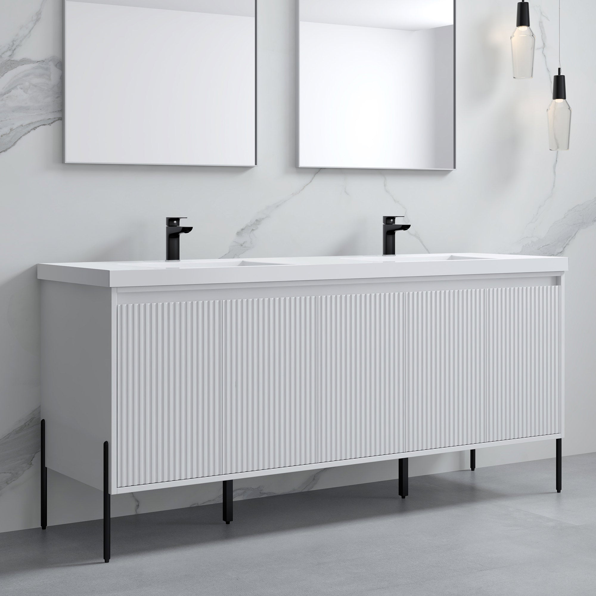 Dowell 72¡°(Fluted Bathroom Vanity Set ¡°(Assembled Cabinet Base with 5 Soft-Close Doors, Shelves &  Resin Double Basin - 002 72 Sereis
