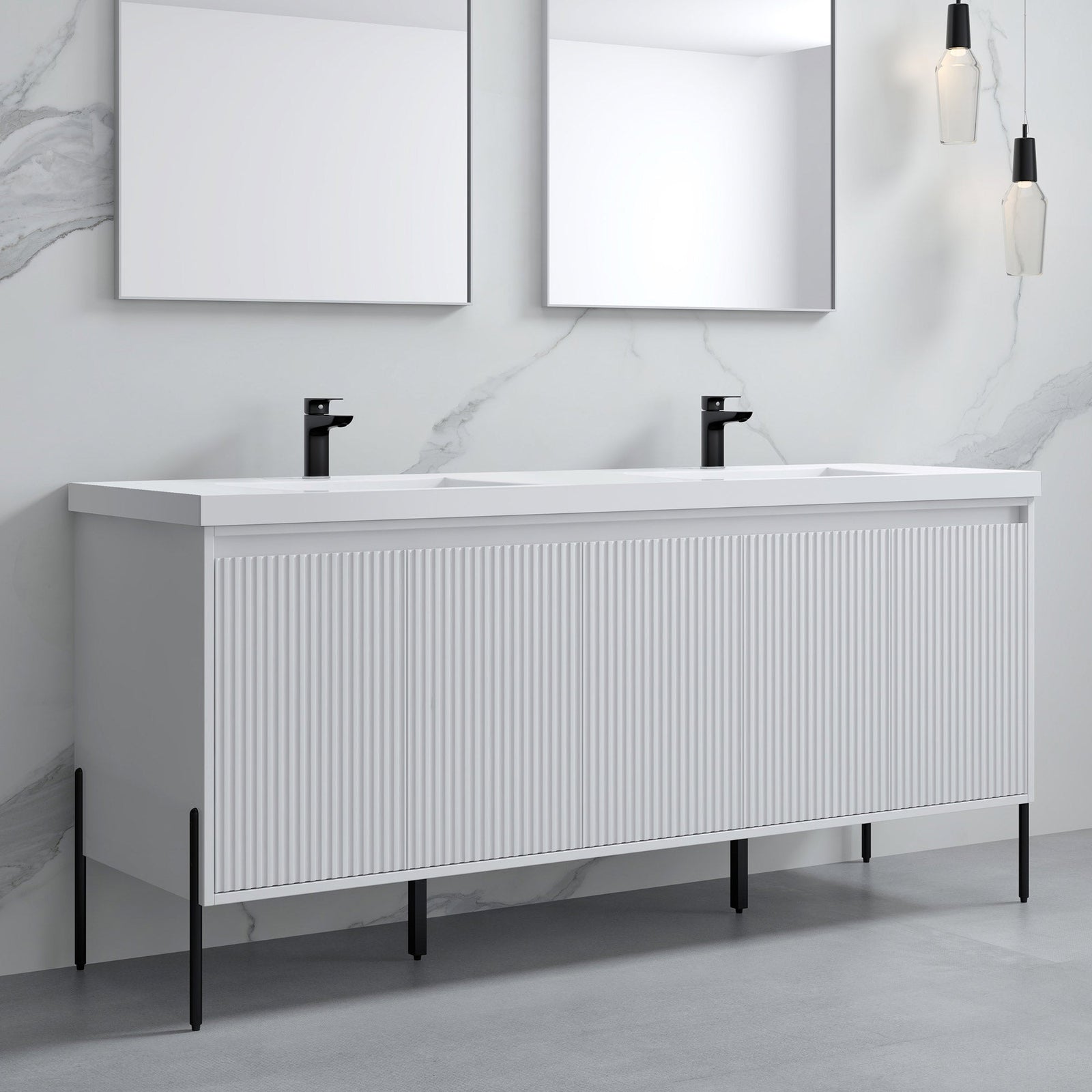 Dowell 72¡°(Fluted Bathroom Vanity Set ¡°(Assembled Cabinet Base with 5 Soft-Close Doors, Shelves &  Resin Double Basin - 002 72 Sereis