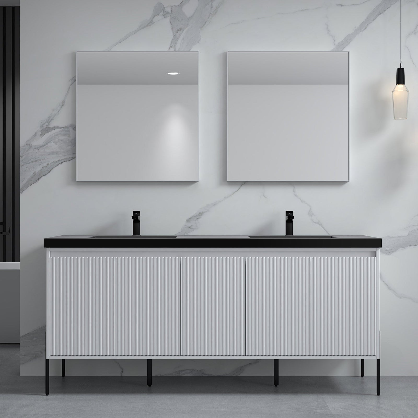 Dowell 72¡°(Fluted Bathroom Vanity Set ¡°(Assembled Cabinet Base with 5 Soft-Close Doors, Shelves &  Resin Double Basin - 002 72 Sereis