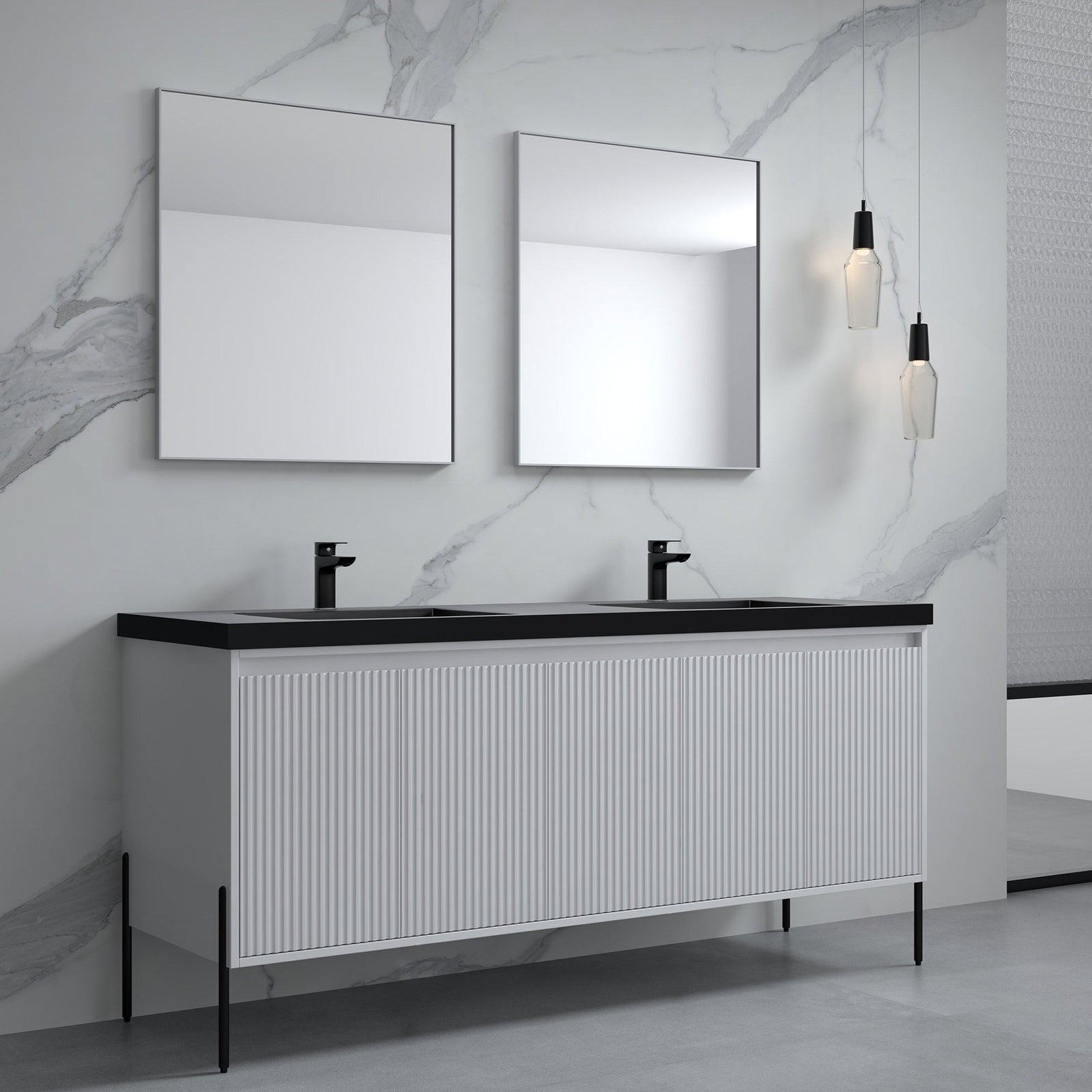Dowell 72¡°(Fluted Bathroom Vanity Set ¡°(Assembled Cabinet Base with 5 Soft-Close Doors, Shelves &  Resin Double Basin - 002 72 Sereis