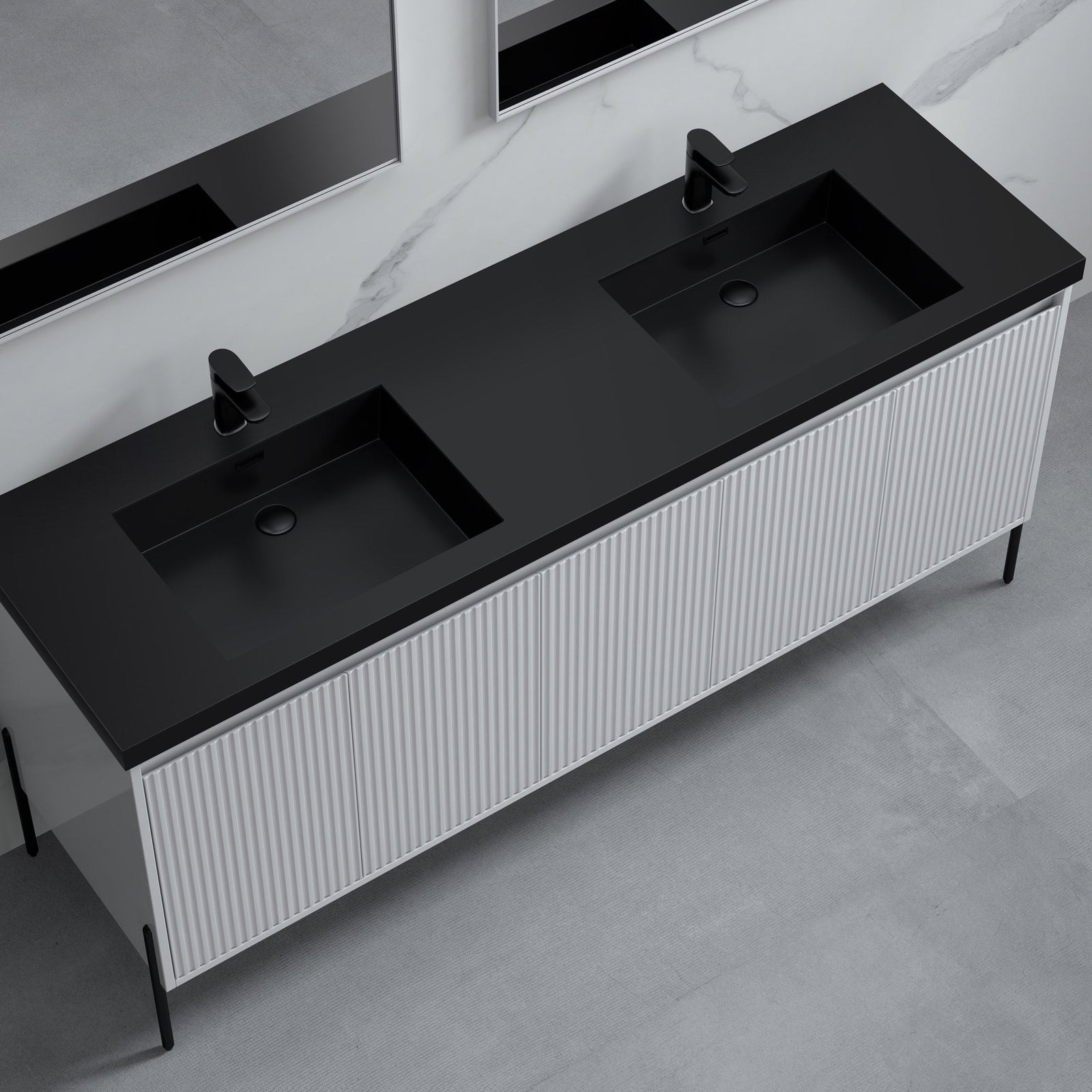 Dowell 72¡°(Fluted Bathroom Vanity Set ¡°(Assembled Cabinet Base with 5 Soft-Close Doors, Shelves &  Resin Double Basin - 002 72 Sereis