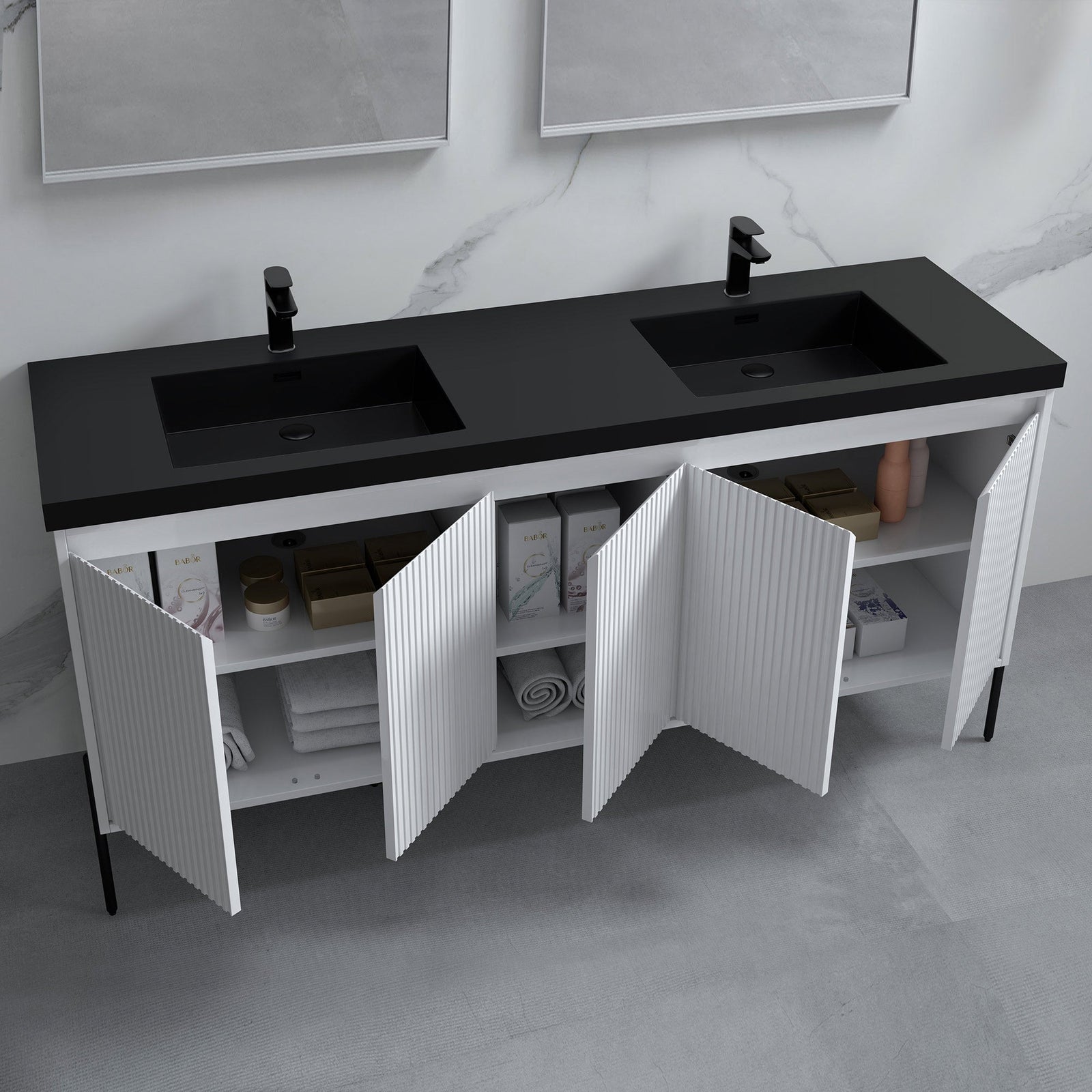 Dowell 72¡°(Fluted Bathroom Vanity Set ¡°(Assembled Cabinet Base with 5 Soft-Close Doors, Shelves &  Resin Double Basin - 002 72 Sereis
