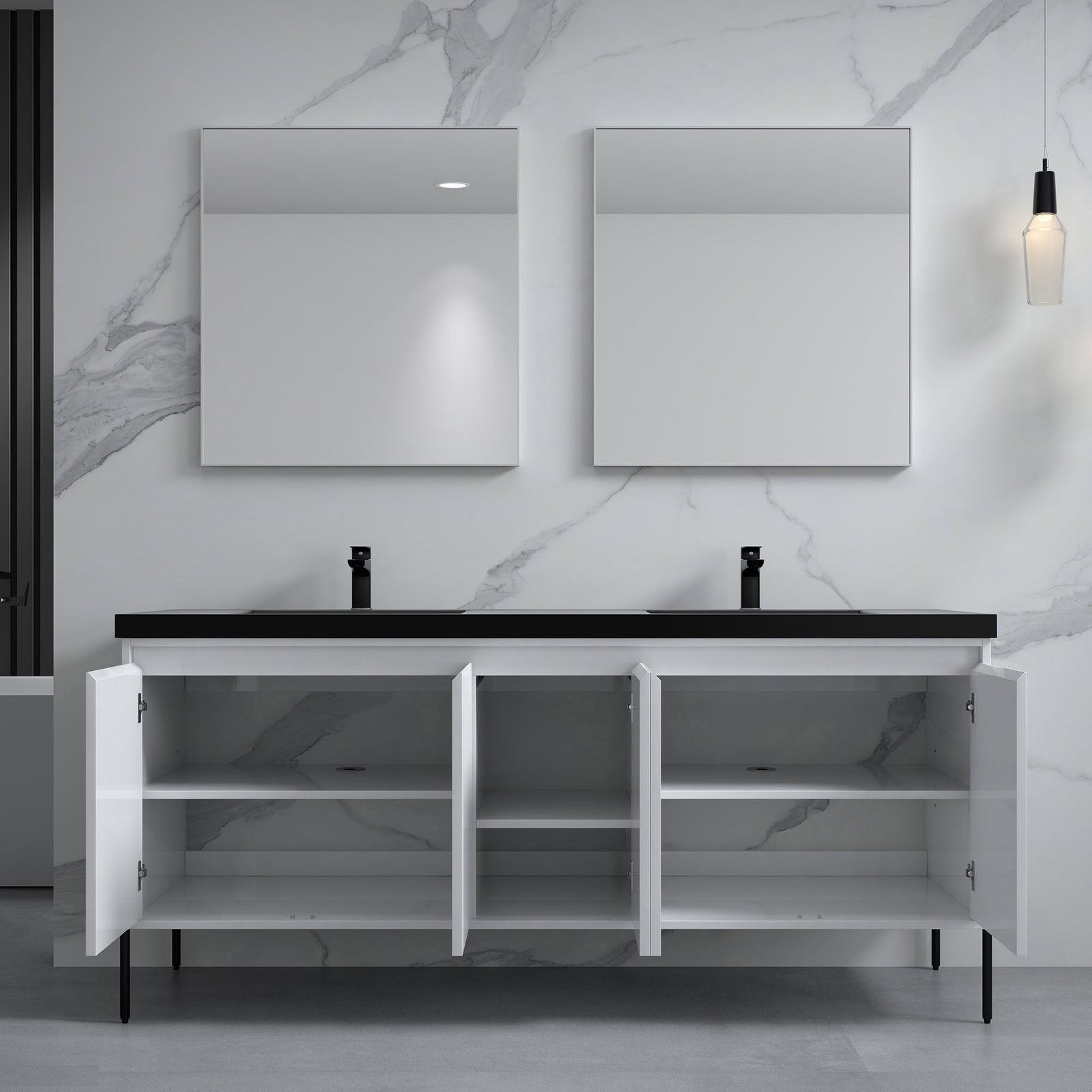 Dowell 72¡°(Fluted Bathroom Vanity Set ¡°(Assembled Cabinet Base with 5 Soft-Close Doors, Shelves &  Resin Double Basin - 002 72 Sereis