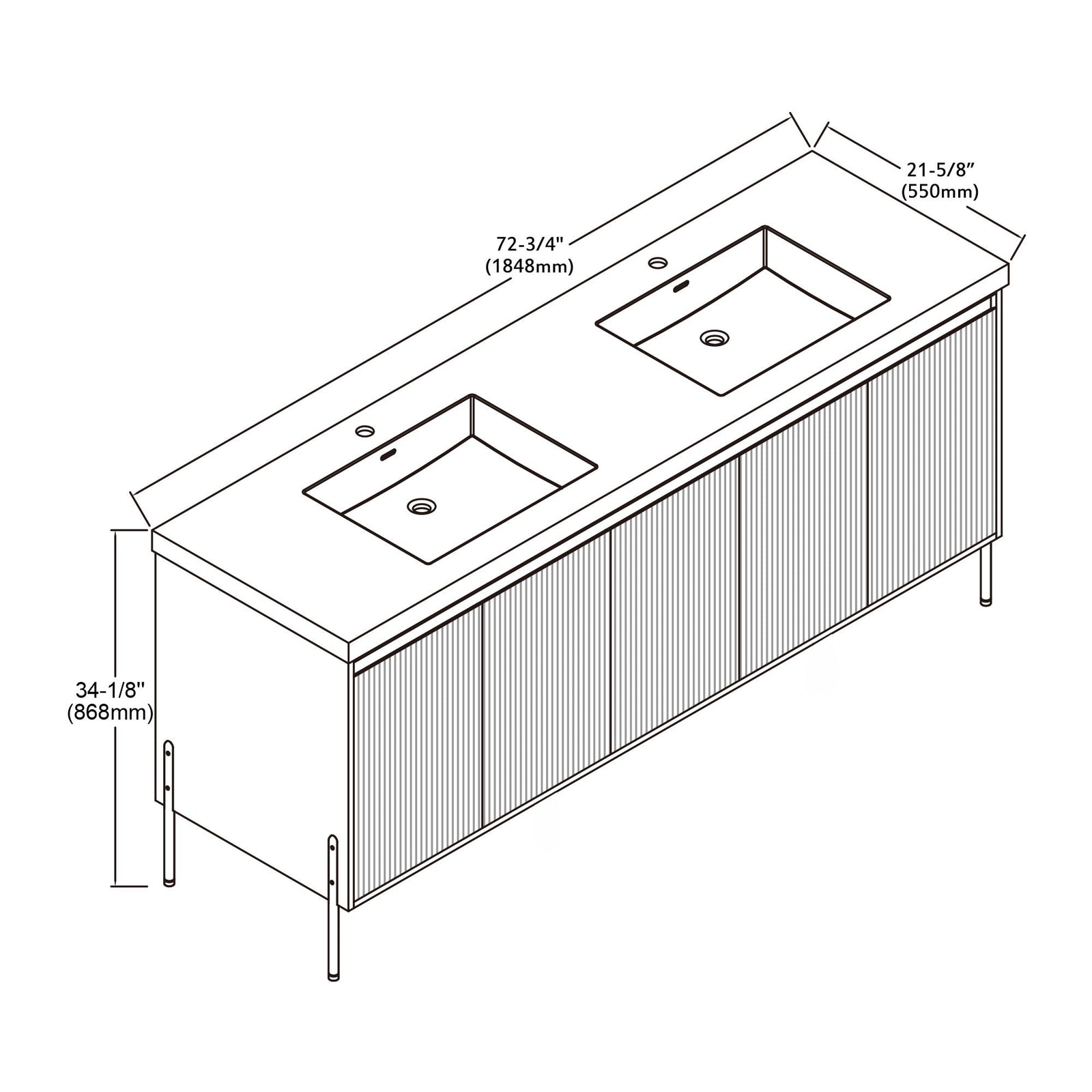 Dowell 72¡°(Fluted Bathroom Vanity Set ¡°(Assembled Cabinet Base with 5 Soft-Close Doors, Shelves &  Resin Double Basin - 002 72 Sereis