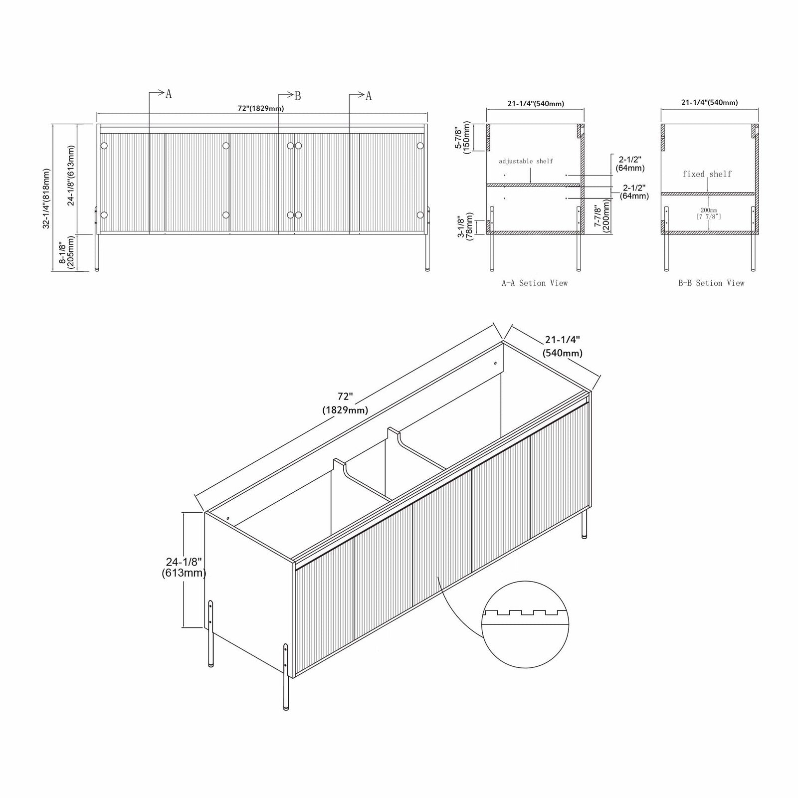 Dowell 72¡°(Fluted Bathroom Vanity Set ¡°(Assembled Cabinet Base with 5 Soft-Close Doors, Shelves &  Resin Double Basin - 002 72 Sereis