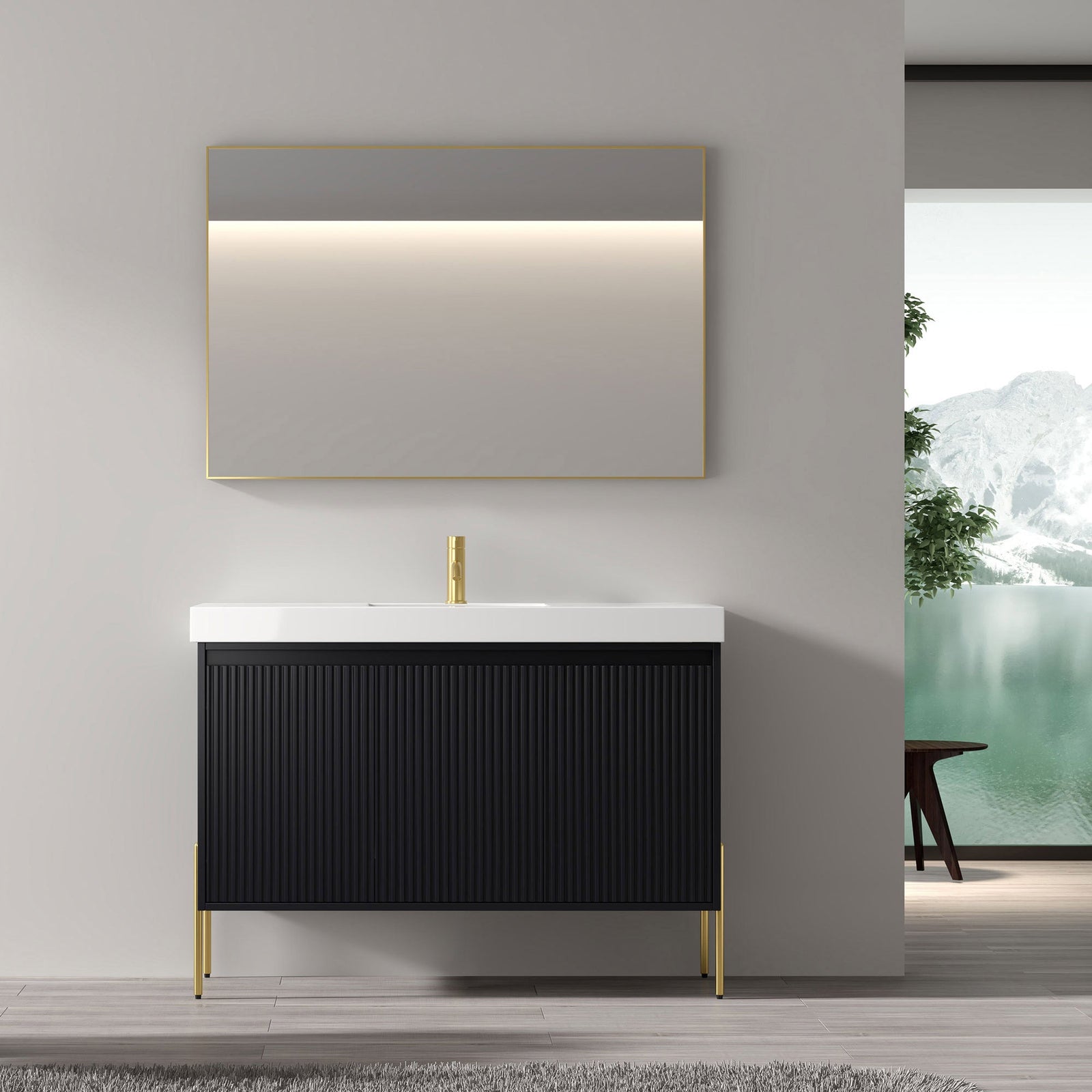 Dowell 48-Fluted Bathroom Vanity Set-(Assembled Cabinet Base with 3 Soft-Close Doors, Shelves & Ceramic/Resin Basin, Black/Golden Legs - 002 48 Series