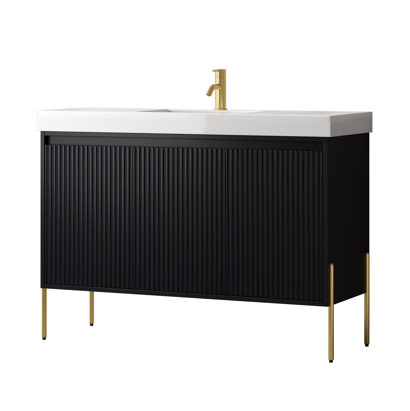 Dowell 48-Fluted Bathroom Vanity Set-(Assembled Cabinet Base with 3 Soft-Close Doors, Shelves & Ceramic/Resin Basin, Black/Golden Legs - 002 48 Series