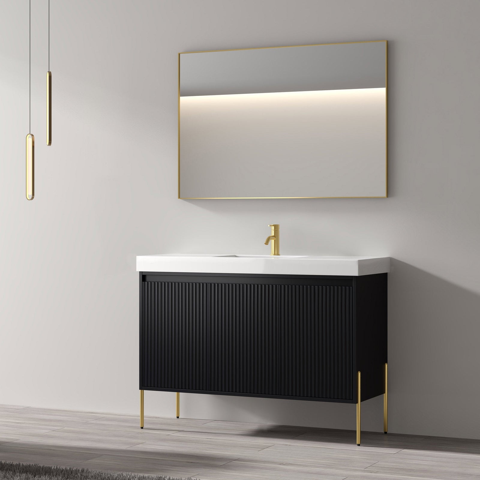 Dowell 48-Fluted Bathroom Vanity Set-(Assembled Cabinet Base with 3 Soft-Close Doors, Shelves & Ceramic/Resin Basin, Black/Golden Legs - 002 48 Series