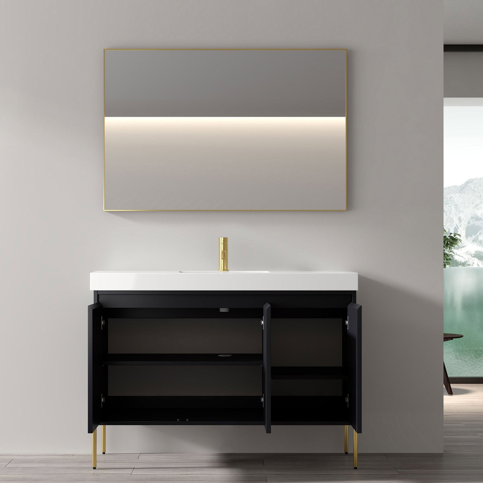 Dowell 48-Fluted Bathroom Vanity Set-(Assembled Cabinet Base with 3 Soft-Close Doors, Shelves & Ceramic/Resin Basin, Black/Golden Legs - 002 48 Series