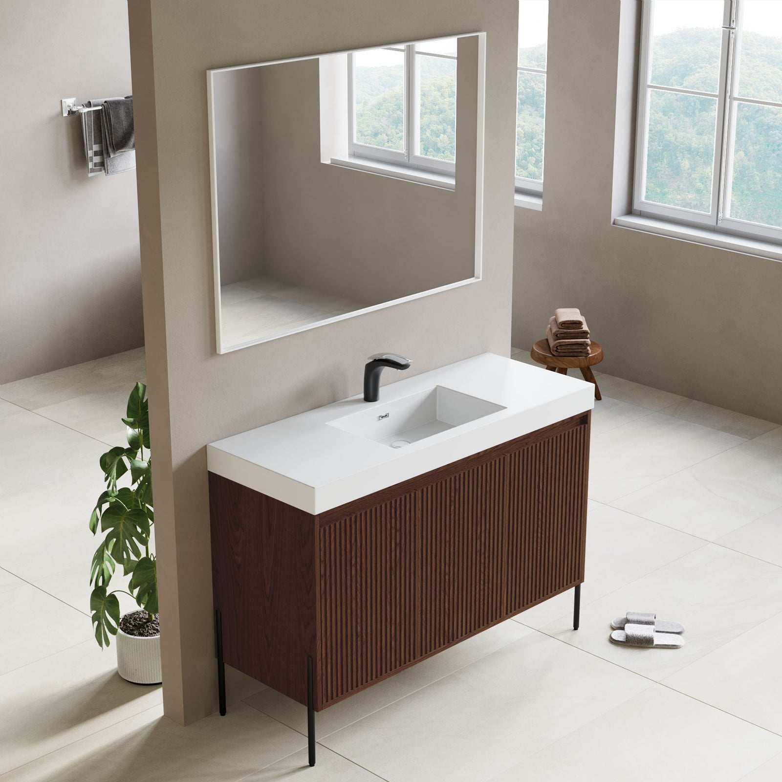 Dowell 48-Fluted Bathroom Vanity Set-(Assembled Cabinet Base with 3 Soft-Close Doors, Shelves & Ceramic/Resin Basin, Black/Golden Legs - 002 48 Series