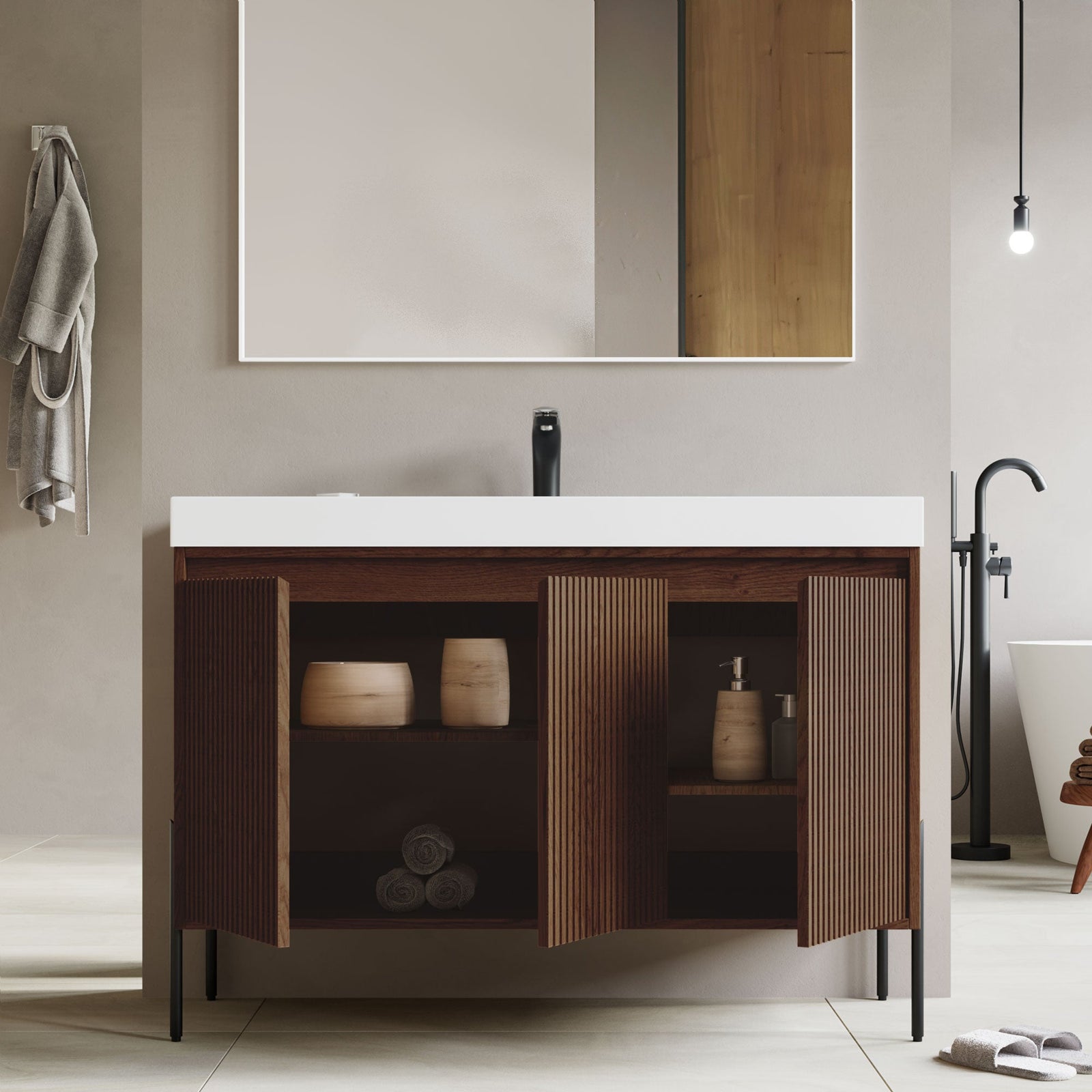 Dowell 48-Fluted Bathroom Vanity Set-(Assembled Cabinet Base with 3 Soft-Close Doors, Shelves & Ceramic/Resin Basin, Black/Golden Legs - 002 48 Series