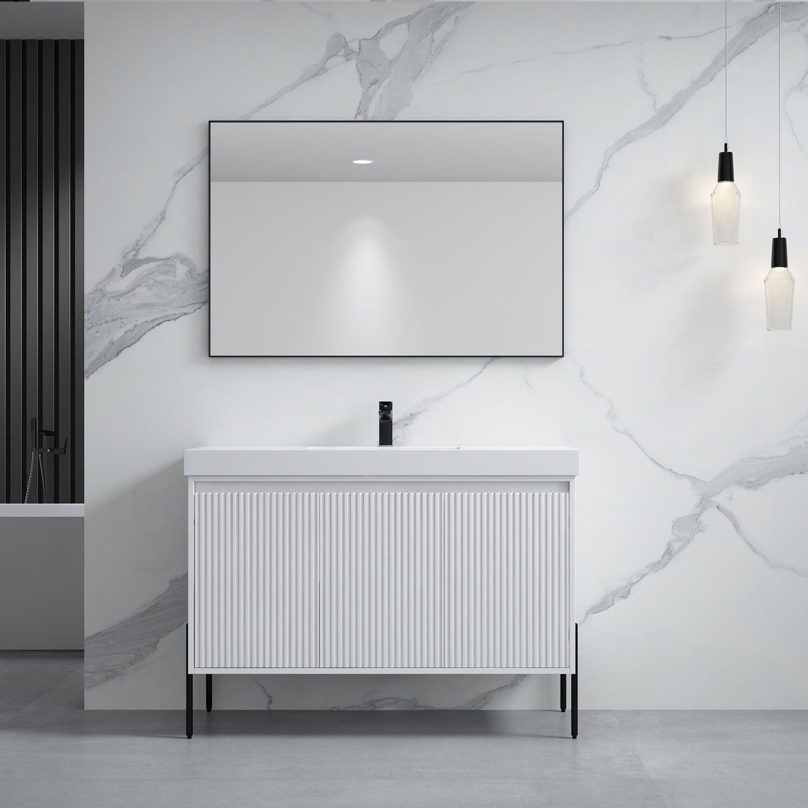 Dowell 48-Fluted Bathroom Vanity Set-(Assembled Cabinet Base with 3 Soft-Close Doors, Shelves & Ceramic/Resin Basin, Black/Golden Legs - 002 48 Series