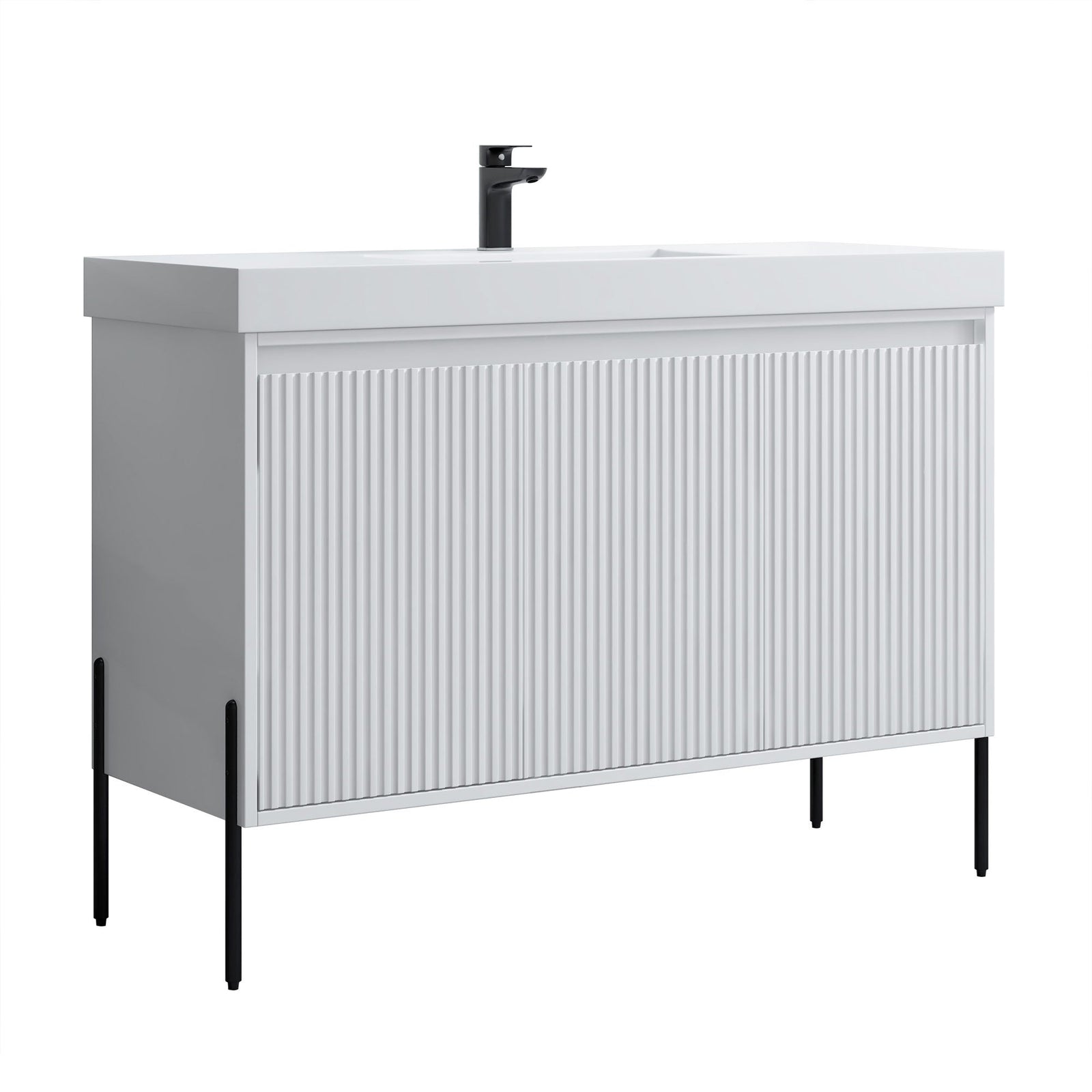 Dowell 48-Fluted Bathroom Vanity Set-(Assembled Cabinet Base with 3 Soft-Close Doors, Shelves & Ceramic/Resin Basin, Black/Golden Legs - 002 48 Series