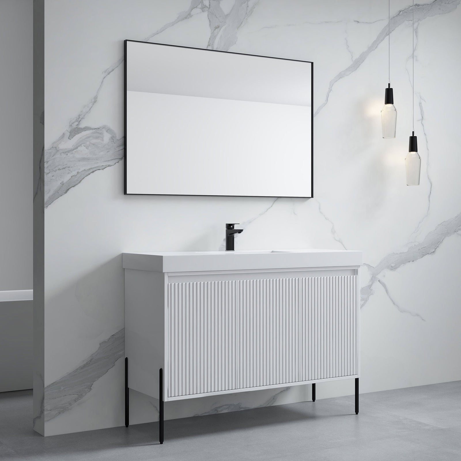 Dowell 48-Fluted Bathroom Vanity Set-(Assembled Cabinet Base with 3 Soft-Close Doors, Shelves & Ceramic/Resin Basin, Black/Golden Legs - 002 48 Series