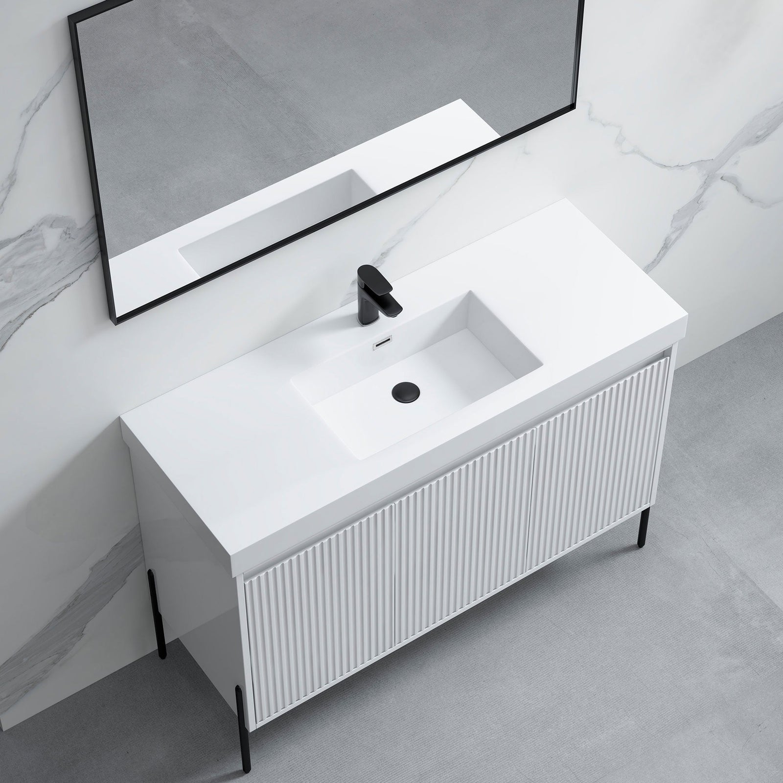 Dowell 48-Fluted Bathroom Vanity Set-(Assembled Cabinet Base with 3 Soft-Close Doors, Shelves & Ceramic/Resin Basin, Black/Golden Legs - 002 48 Series