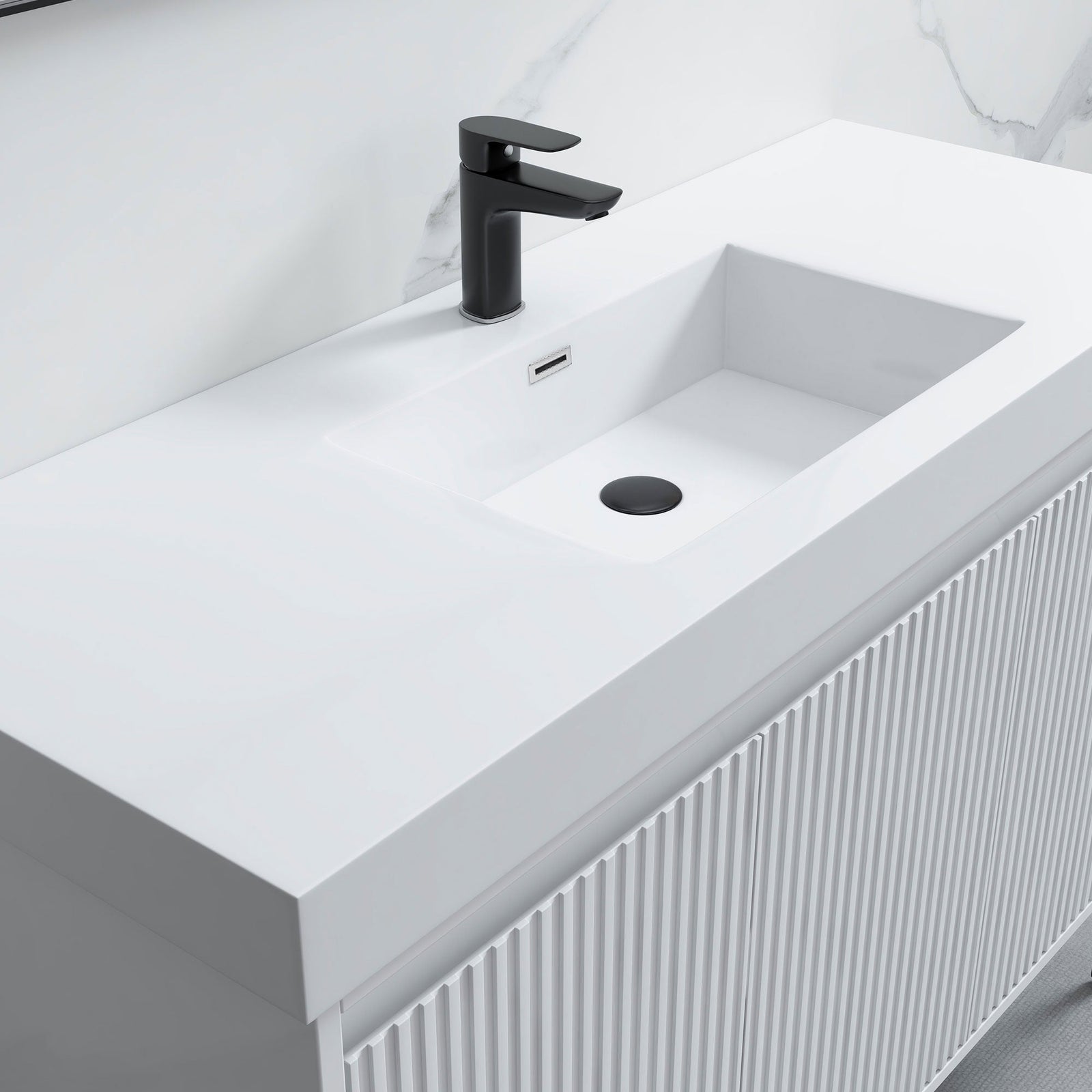 Dowell 48-Fluted Bathroom Vanity Set-(Assembled Cabinet Base with 3 Soft-Close Doors, Shelves & Ceramic/Resin Basin, Black/Golden Legs - 002 48 Series